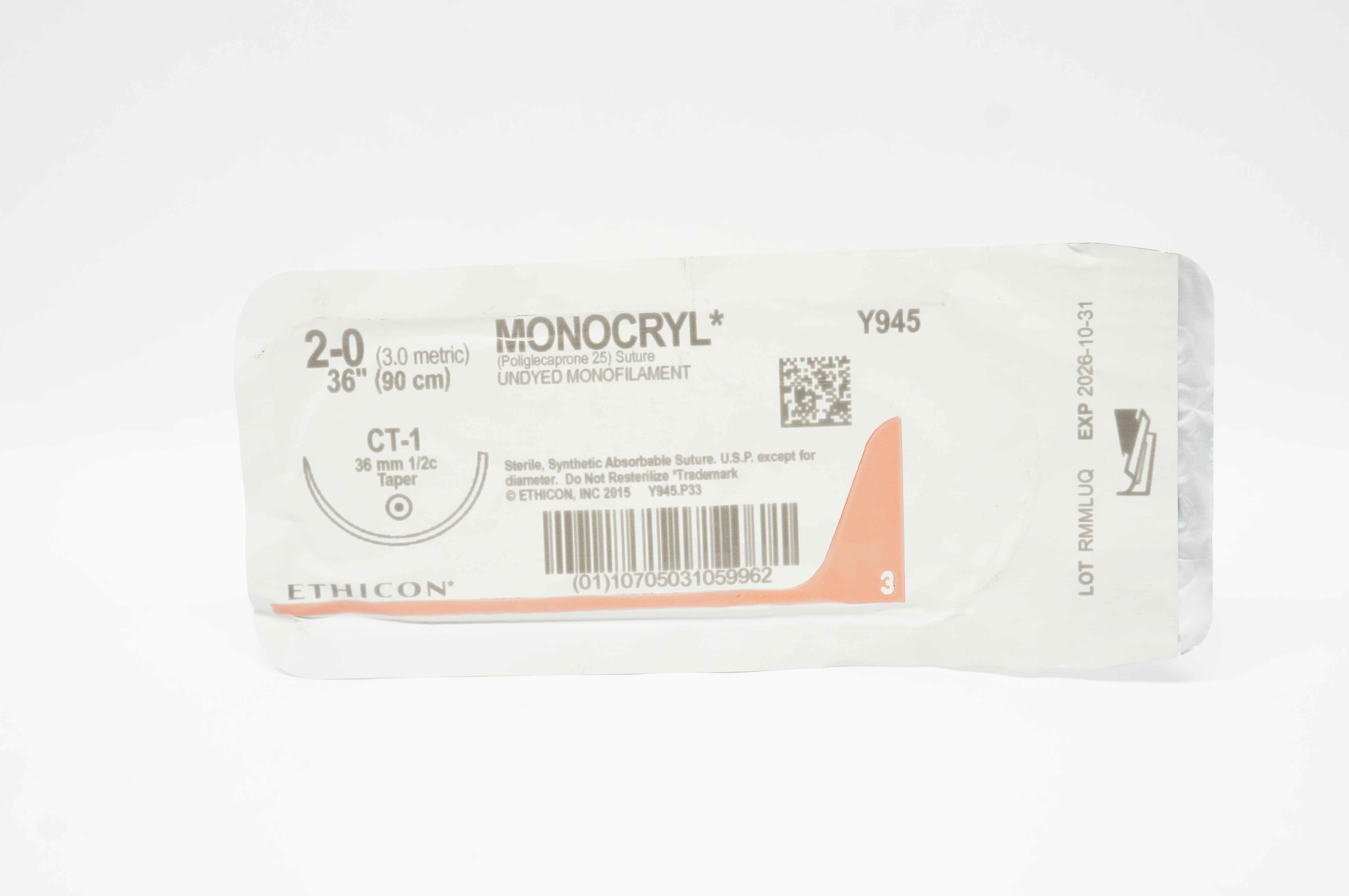 Ethicon Y945 2-0 MONOCRYL Poliglecaprone 25 Stre CT-1 36mm 1/2c Taper 36inch