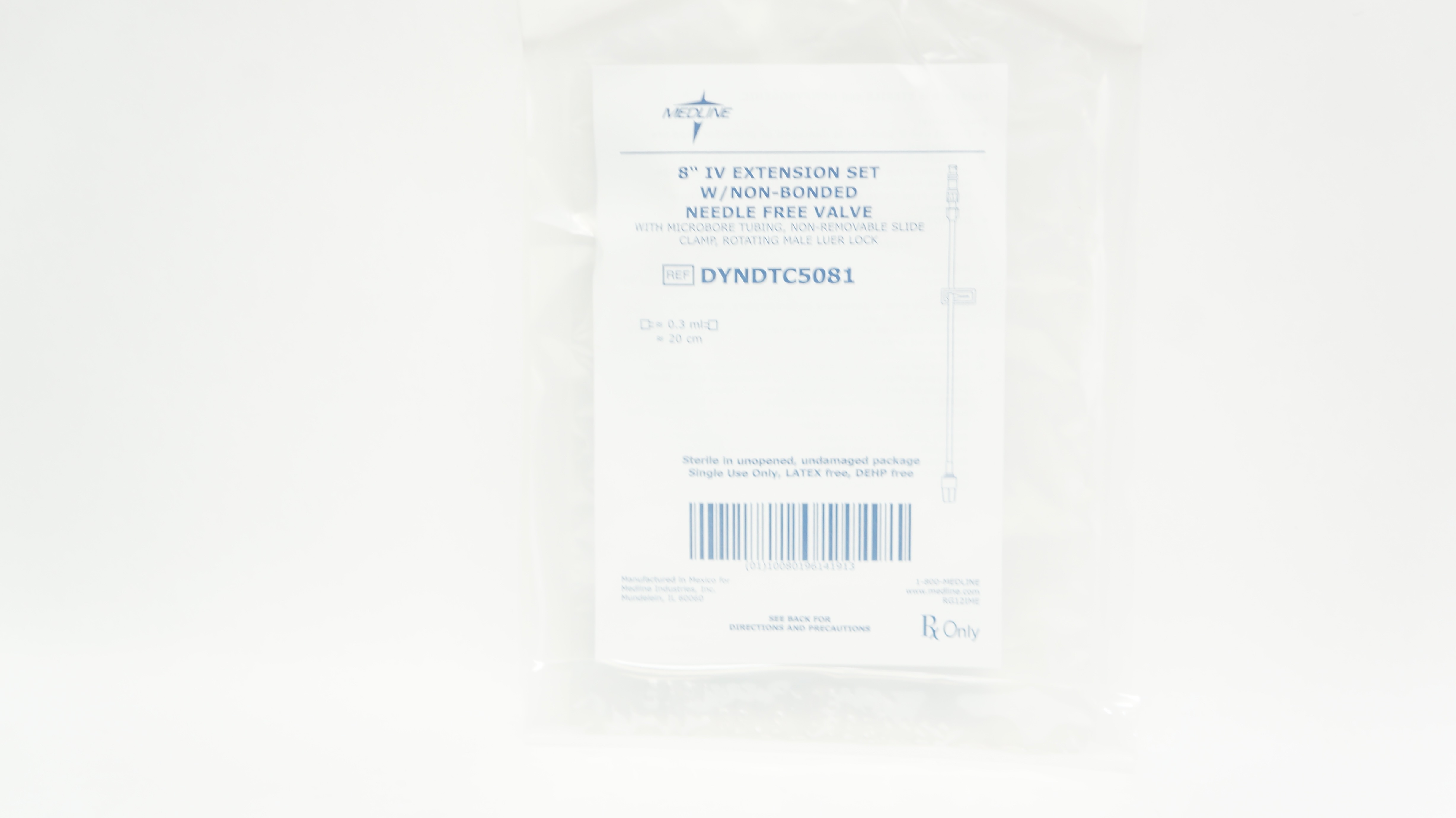 Medline DYNDTC5081 IV Extension Set w/Non-Bonded Ndle Free Valve 8inch x 0.3ml