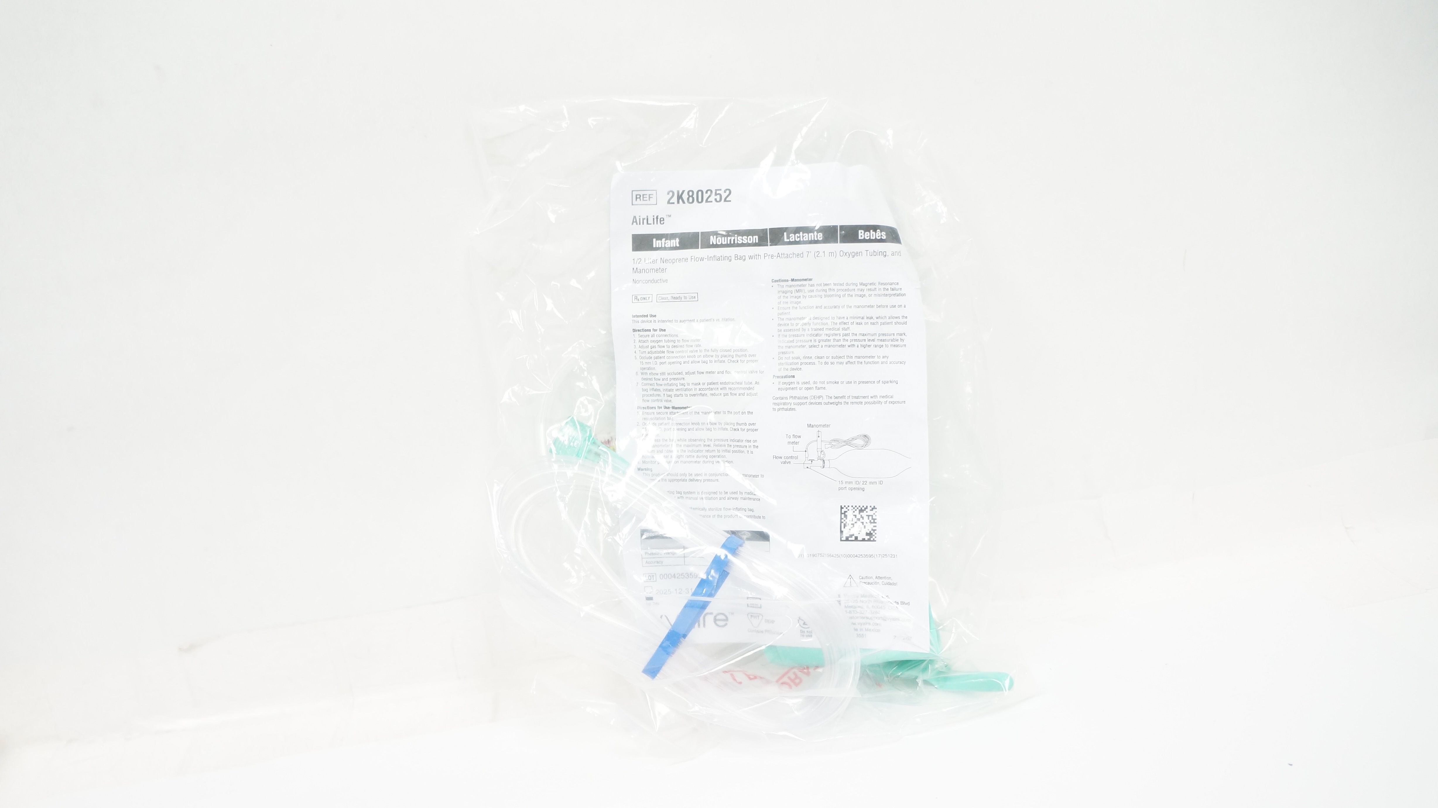 Flow Inflating Bag Types Vyaire 2K80252 AirLife 1/2L Neoprene Flow-Inflating Bag W/Oxygen Tubing 7Ft