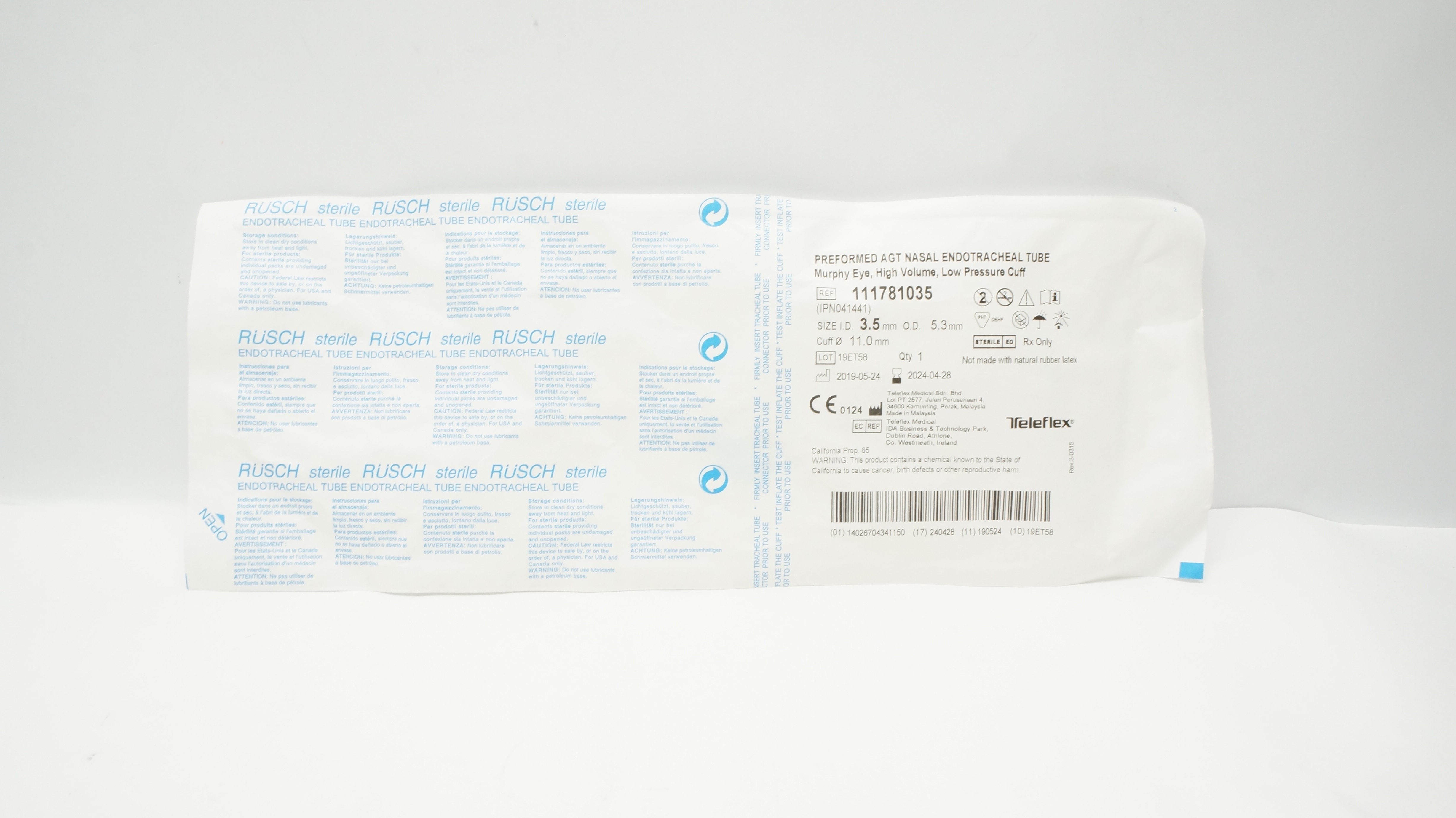 Teleflex 111781035 Preformed Nasal Endotracheal Tube 3.5ID x 5.3OD x 11.0mm(x)