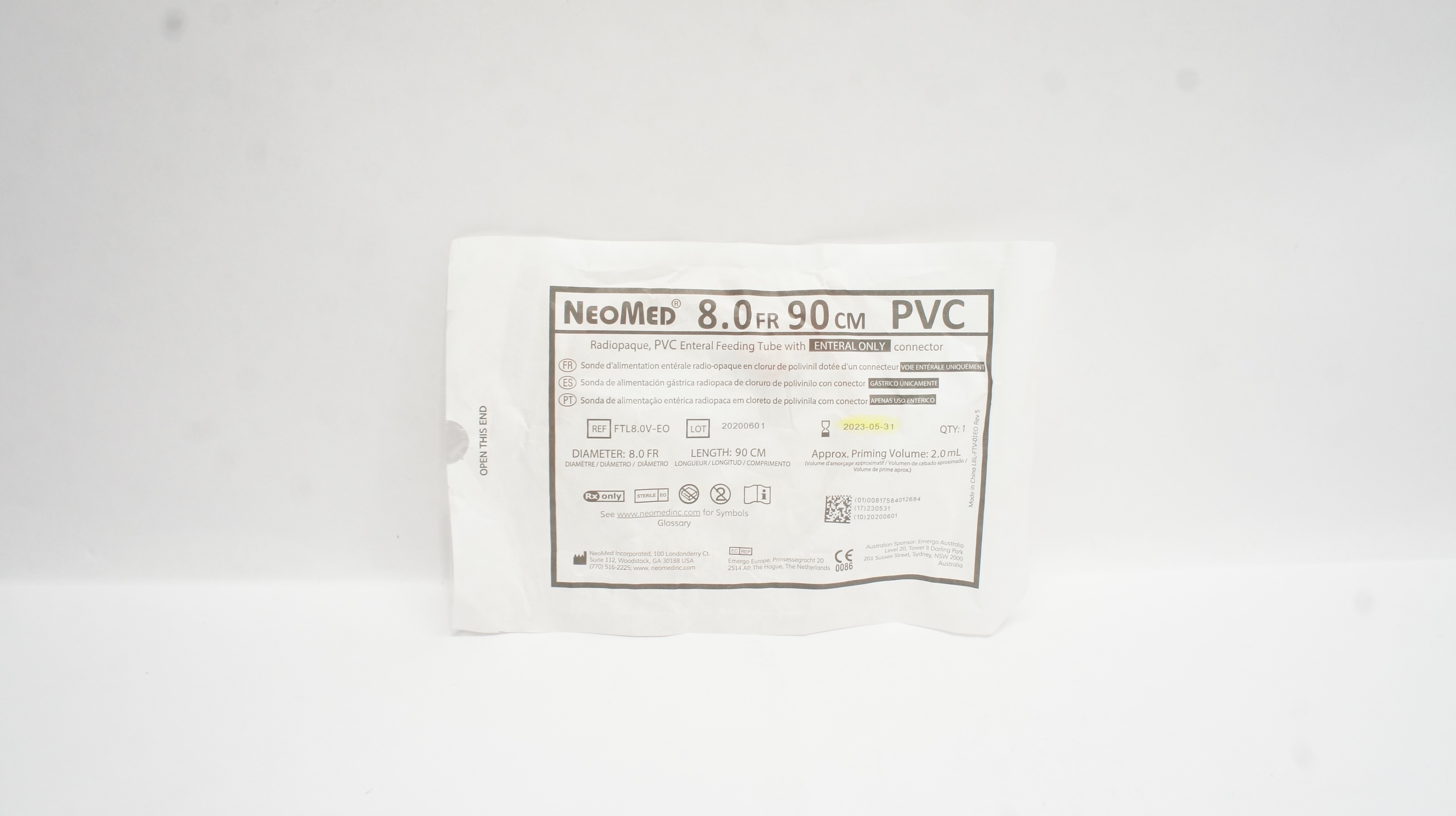 Neomed FTL8.0V-EO PVC Enteral Feeding Tube W/ Enteral Only Connector (x)