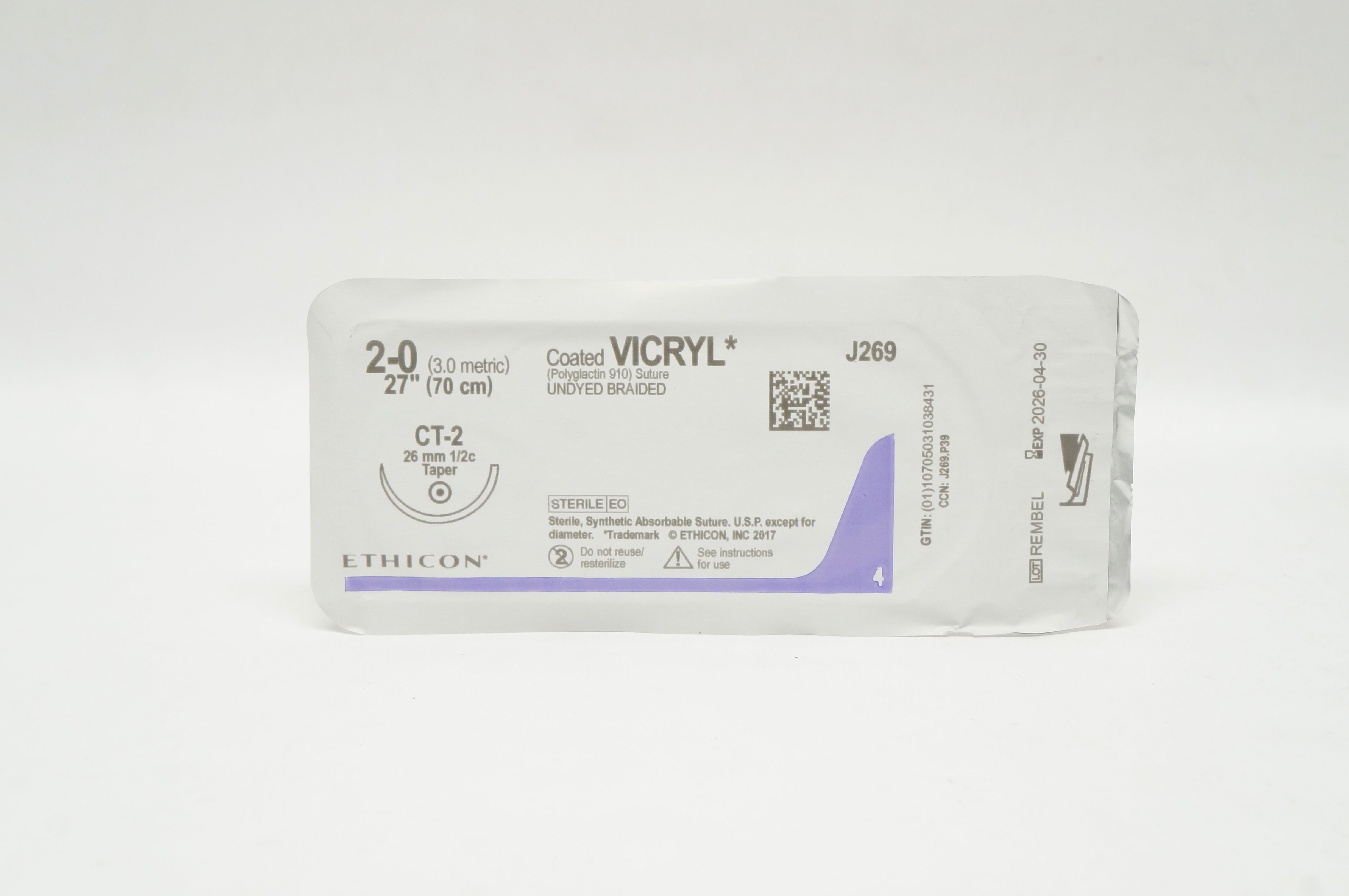 Ethicon J269 2-0 Coated VICRYL Polyglactin Stre CT-2 26mm 1/2c Taper, 27inch