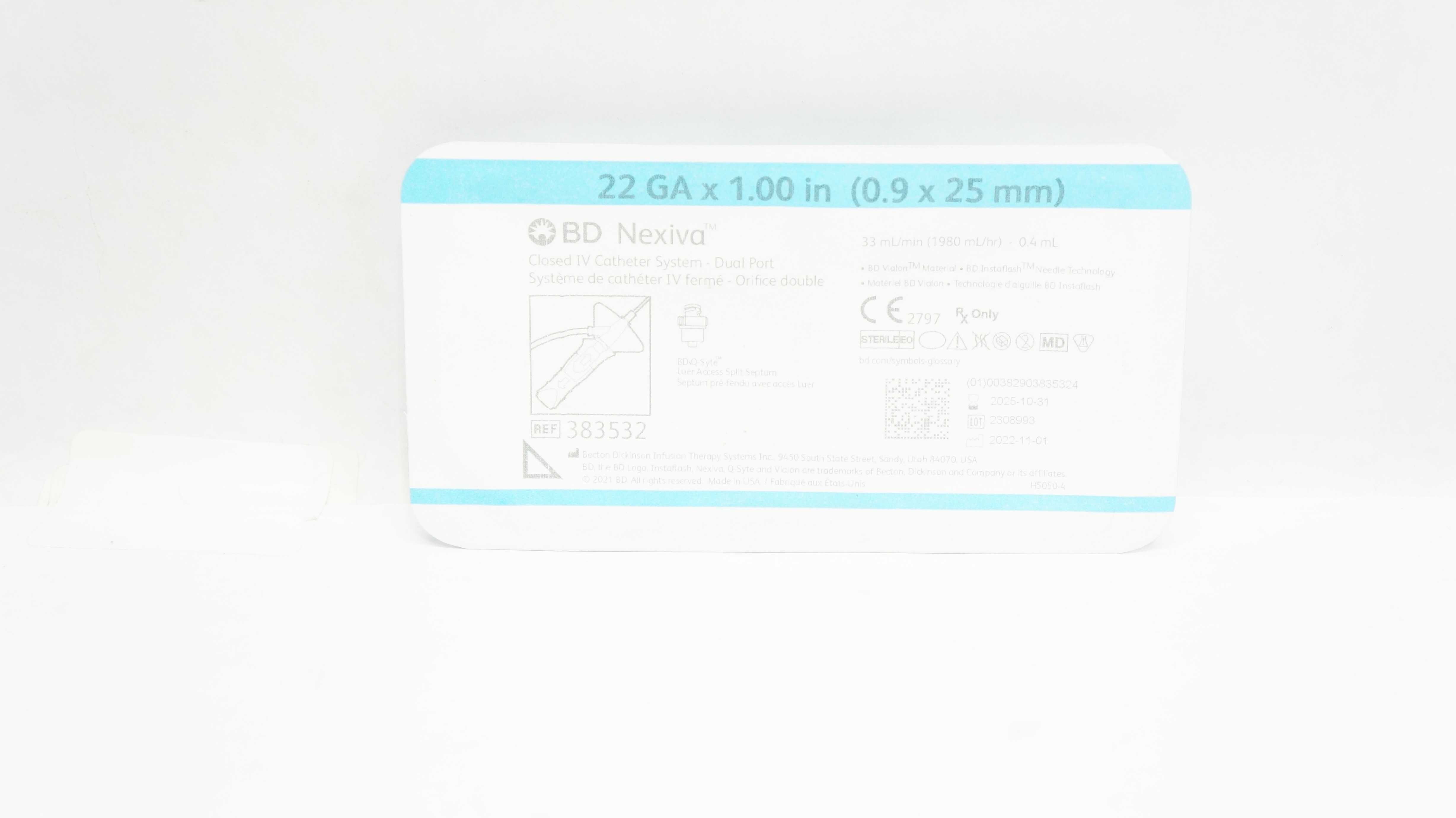 BD 383532 Nexiva Closed IV Cath. System Dual Port 22Ga x 1.00 inch