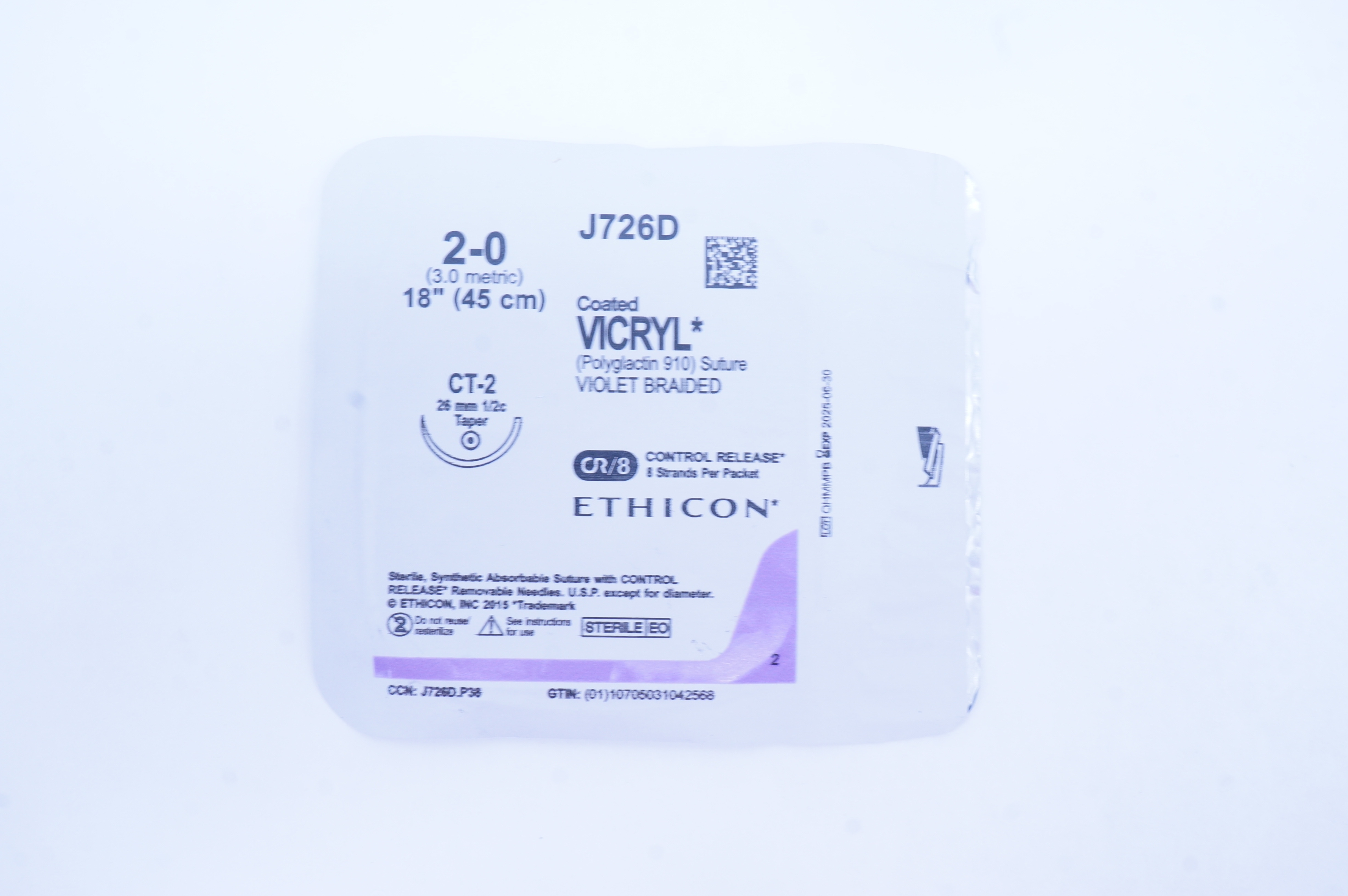 Ethicon J726D 2-0 Coated VICRYL CT-2 26mm 1/2c Taper, 18inch