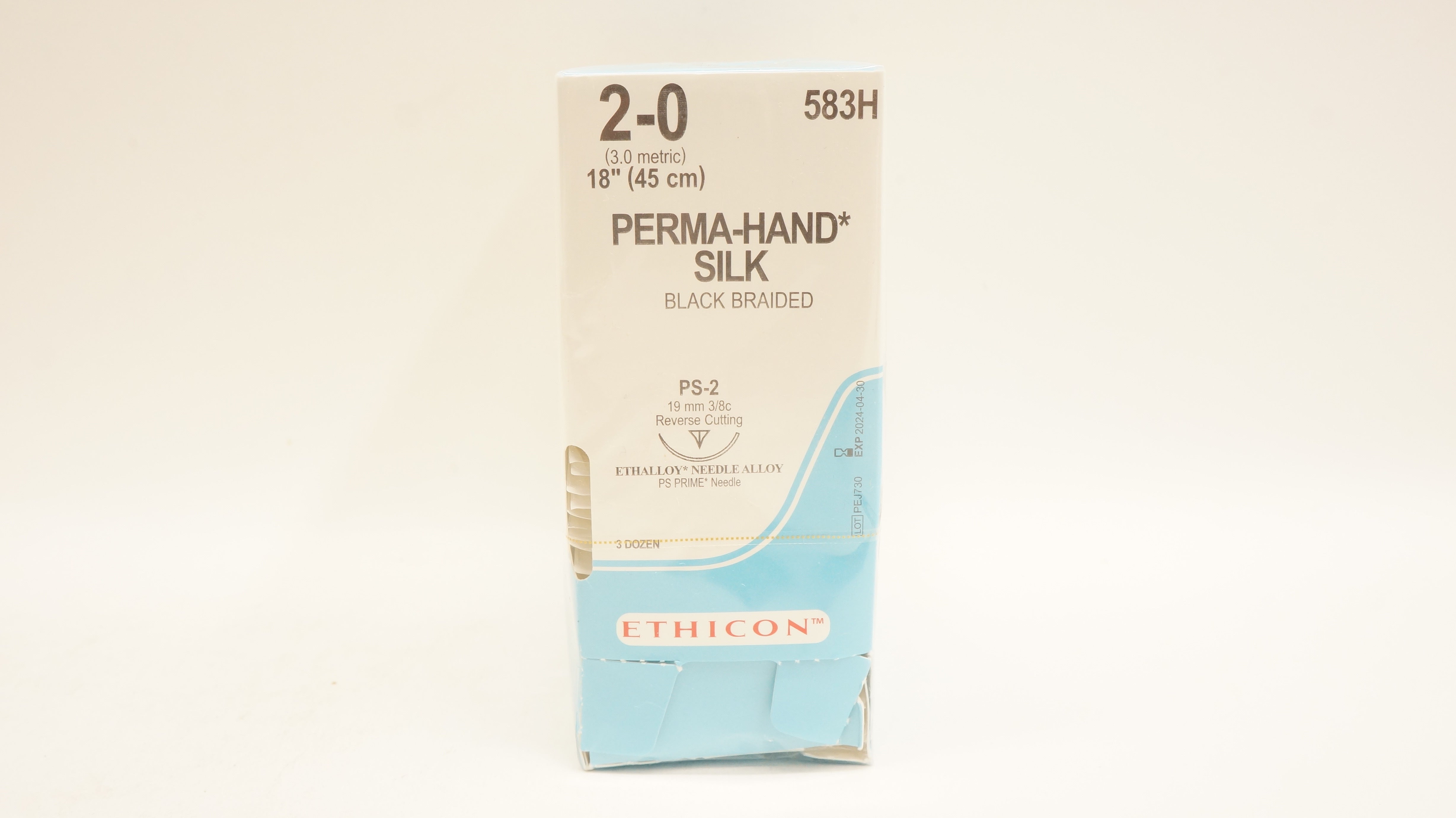 Ethicon 583H 2-0 Perma-Hand Silk PS-2 19mm 3/8c Reverse Cutting, 18in -Box of 36