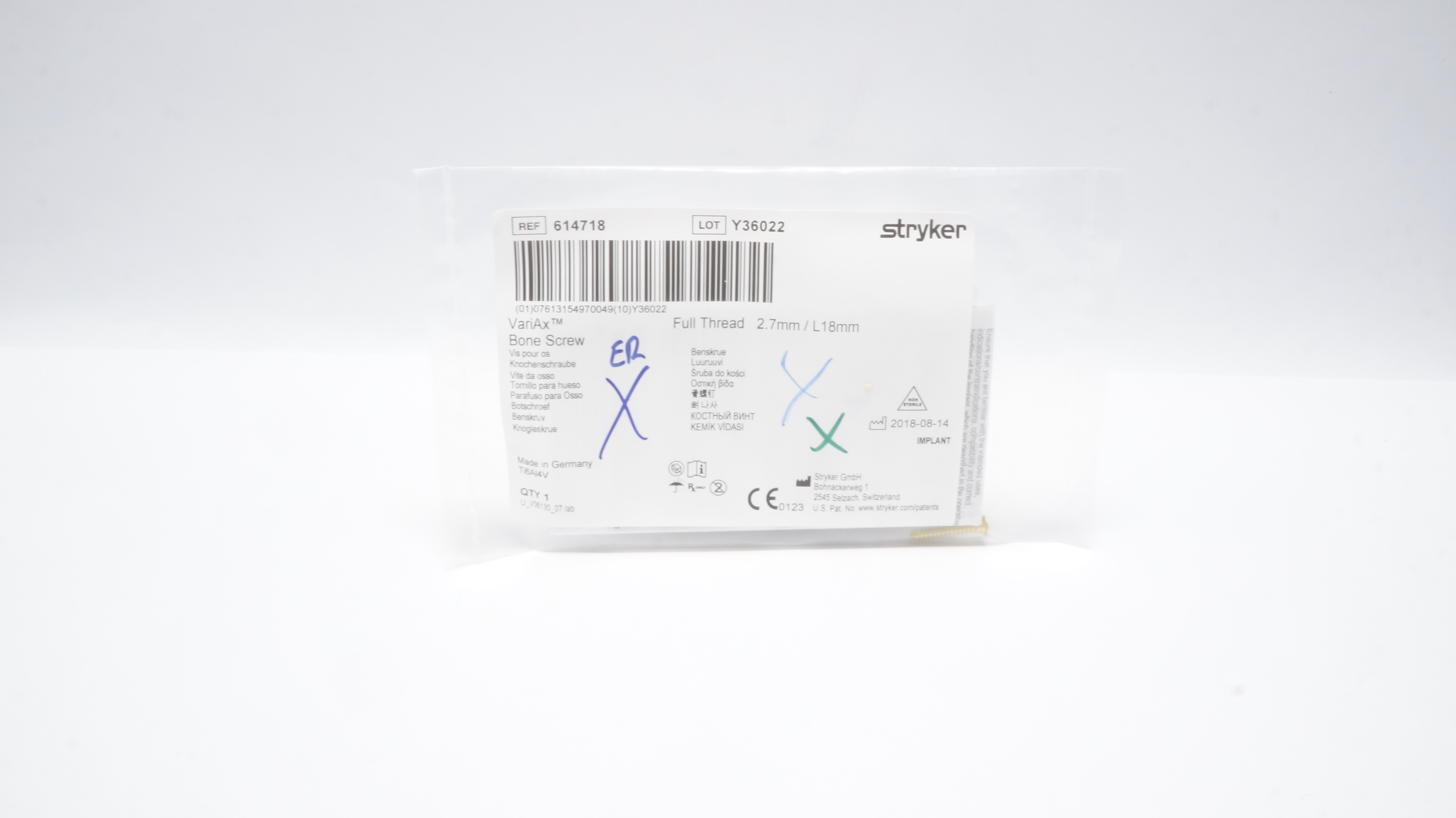 Stryker 614718 VariAx Bone Screw Full Thread 2.7mm/ L18mm