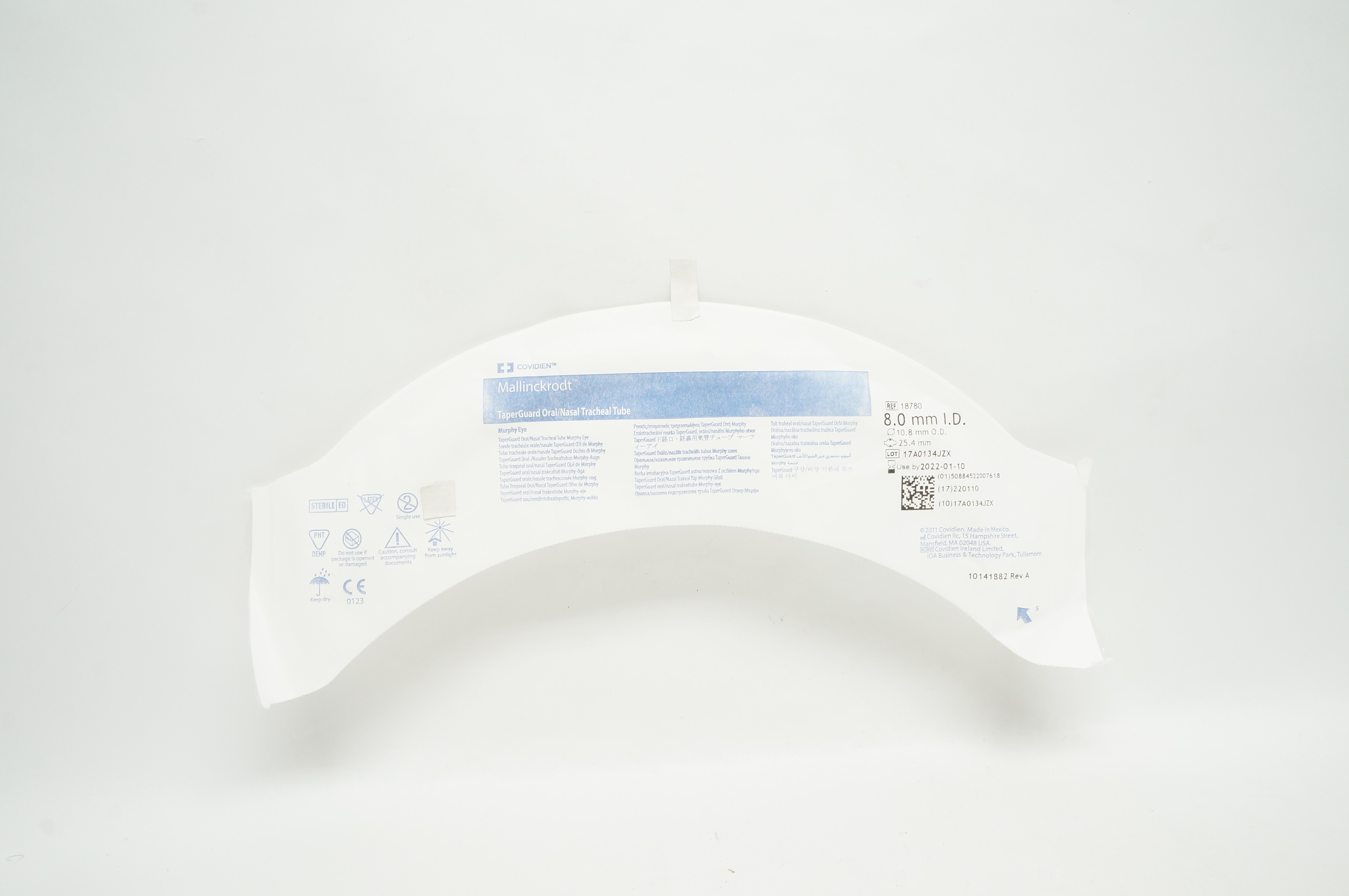 Covidien 18780 Mallinckrodt TaperGuard Oral/Nasal Tracheal Tube 8.0ID x 10.8mmOD