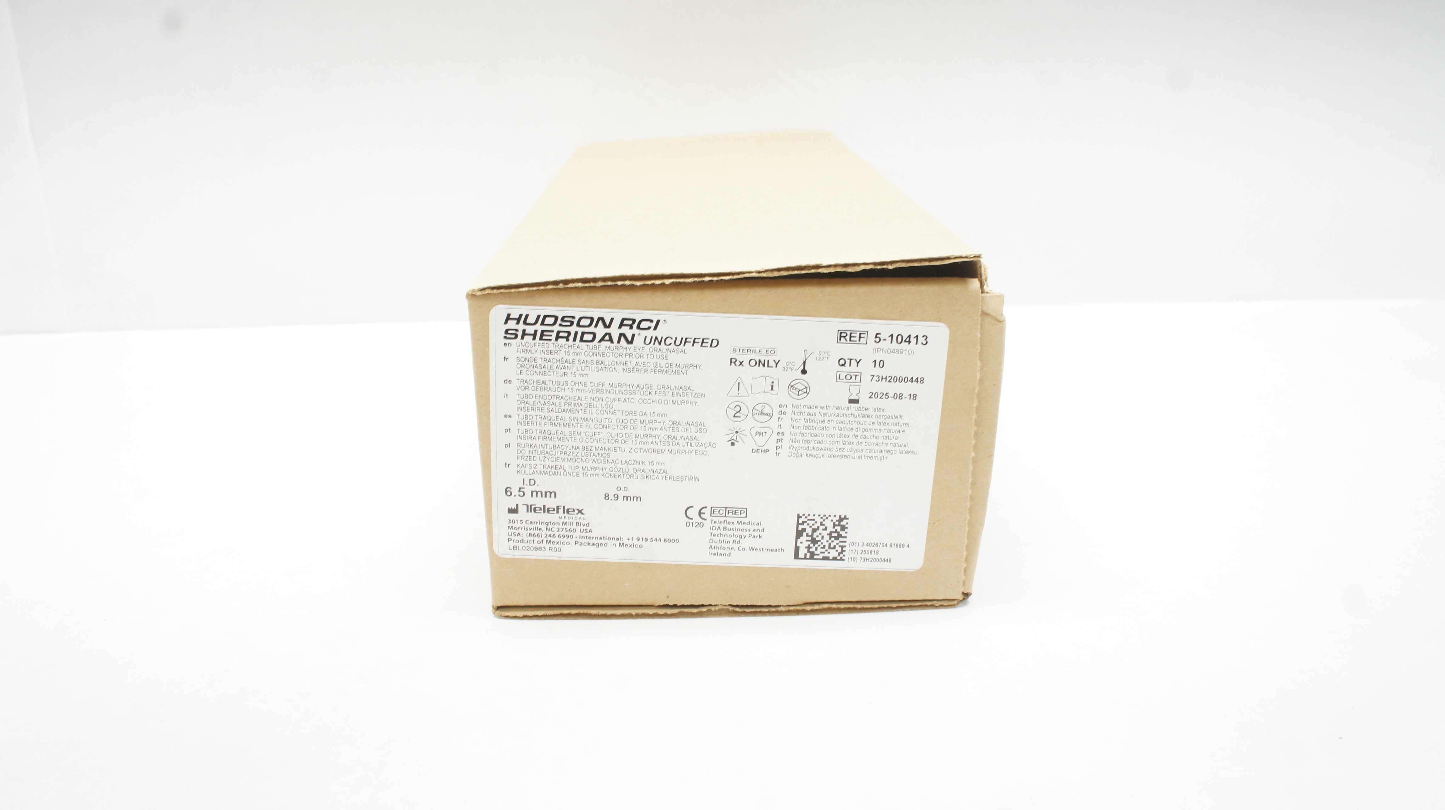 Teleflex 5-10413 Hudson RCI SHERIDAN Uncuffed Tracheal Tube 6.5 x8.9mm-Box of 10