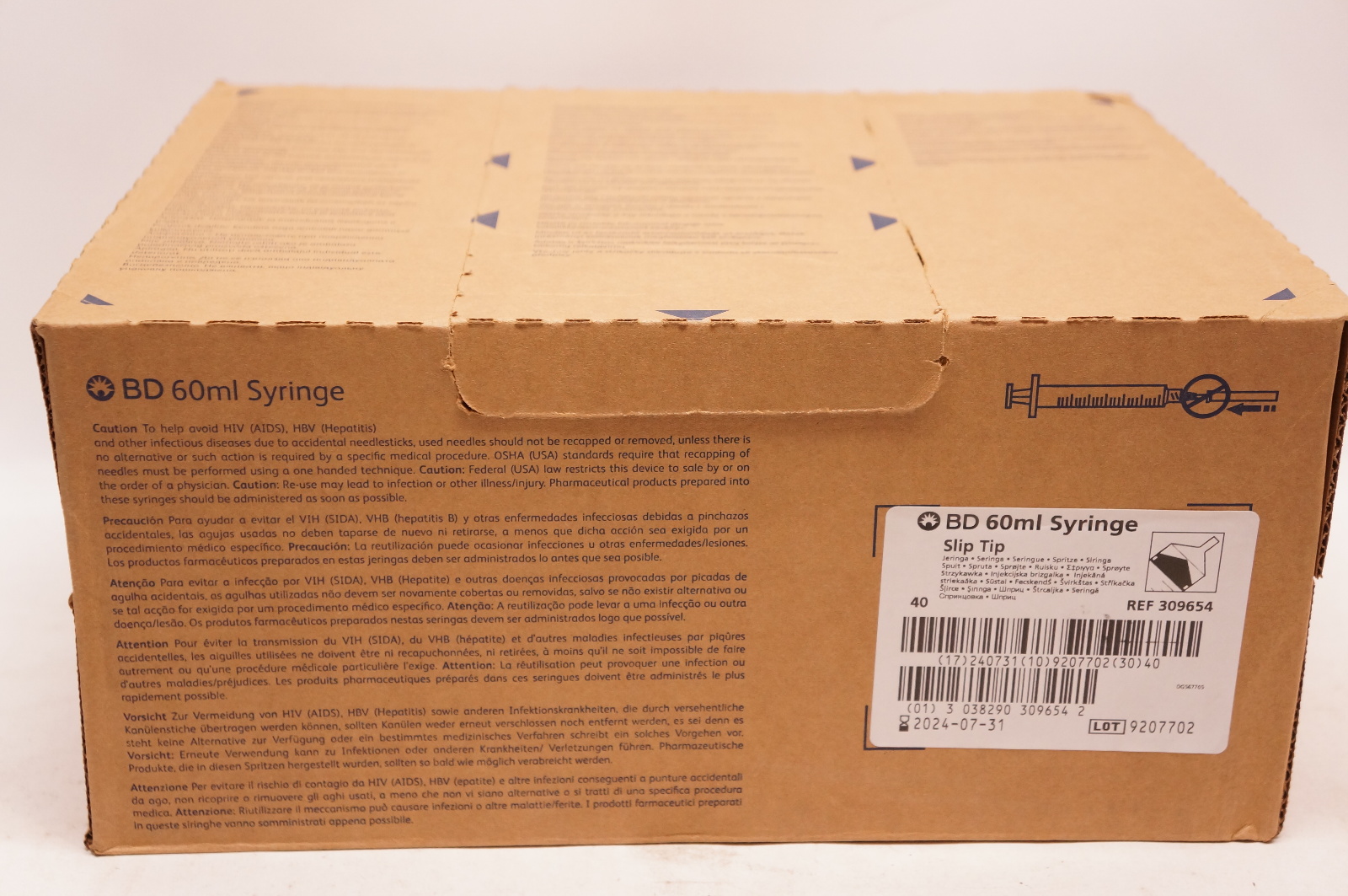 BD 309654 Slip Tip Syringe 60ml - Box of 40