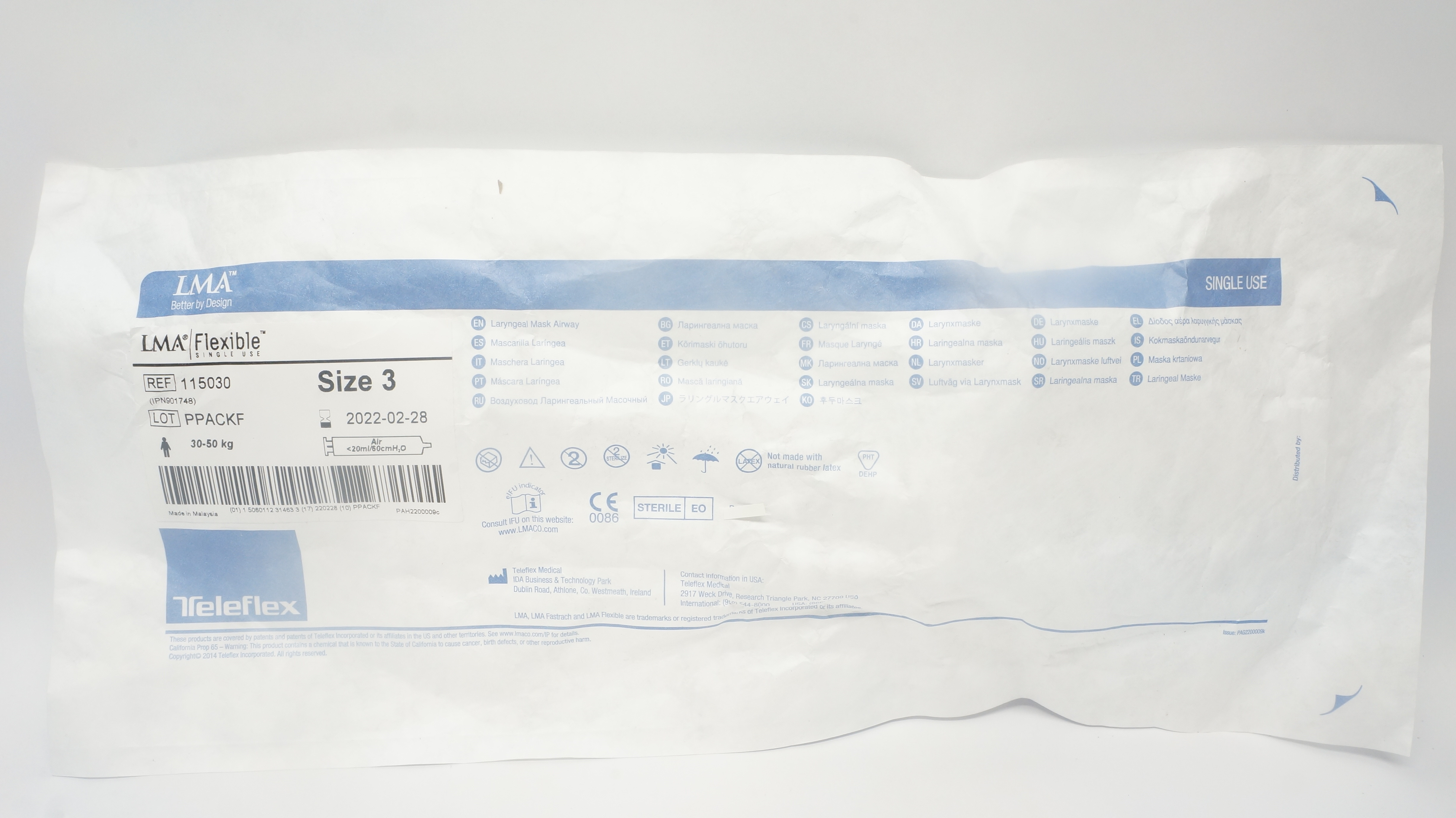Teleflex 115030 LMA Laryngeal Mask Airway Size 3, 30-50kg (x)