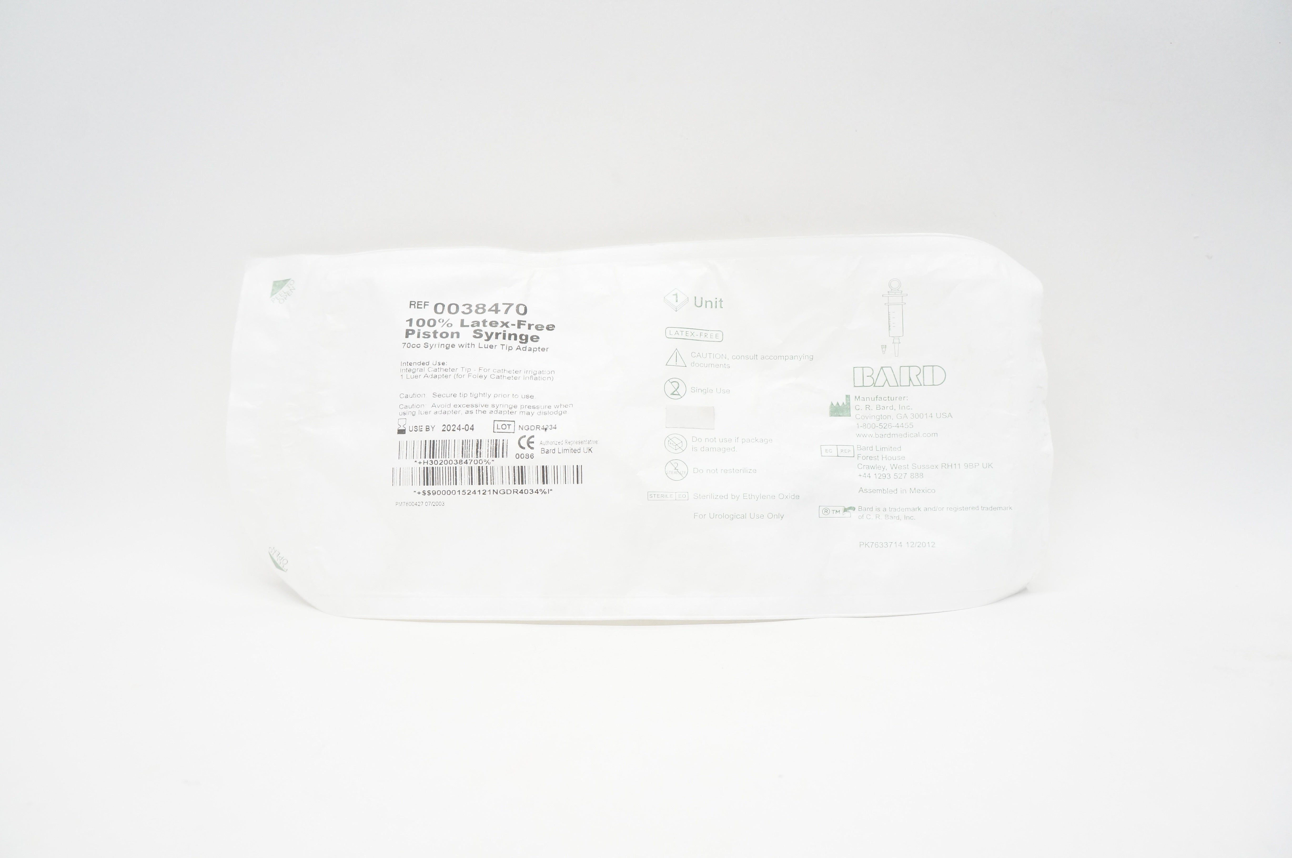 Bard 0038470 Piston Syringe 70cc With Luer Tip Adapter