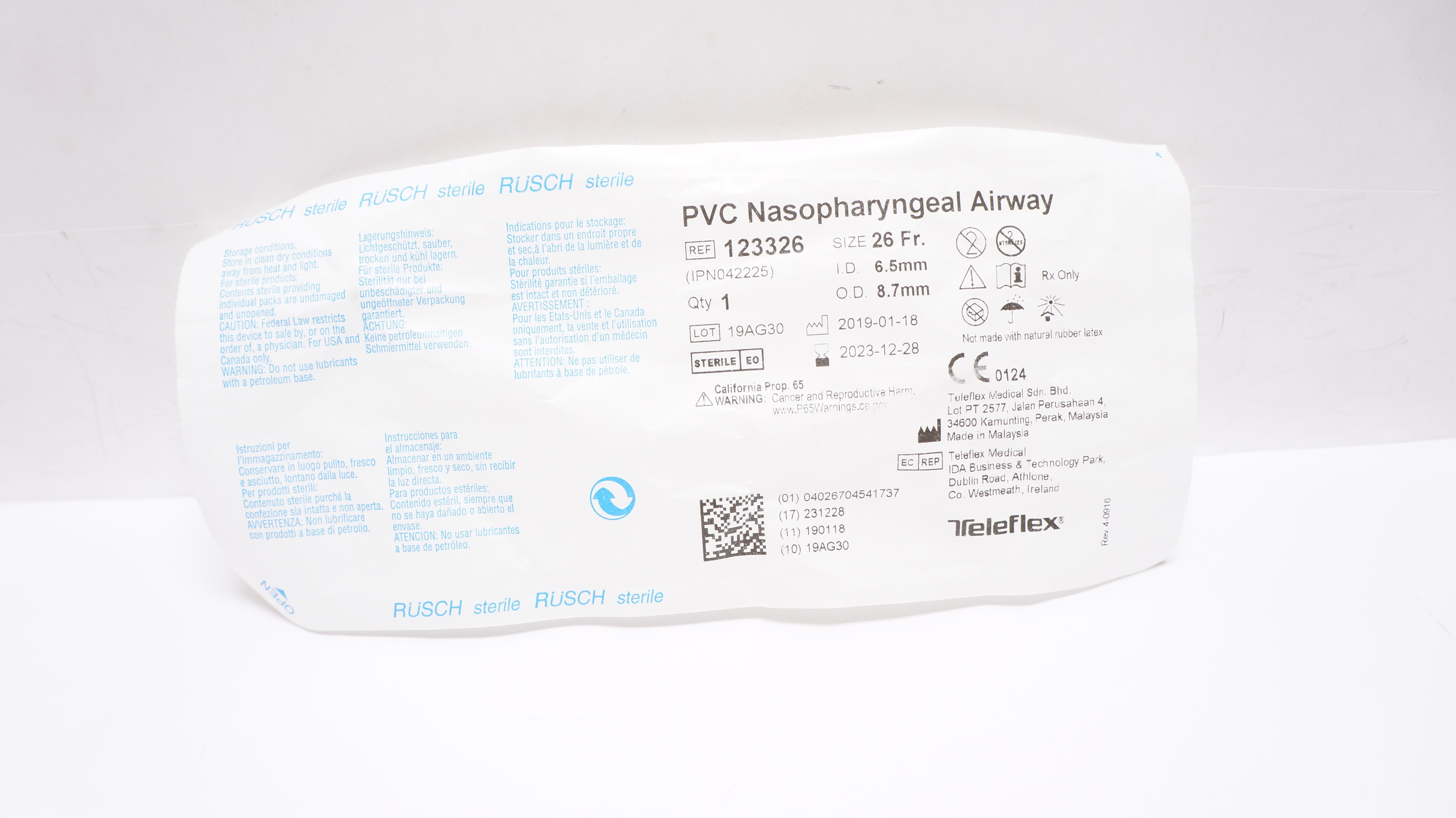 Teleflex 123326 Rusch PVC Nasopharyngeal Airway 26Fr. x 6.5mm ID x 8.7mm OD (x)