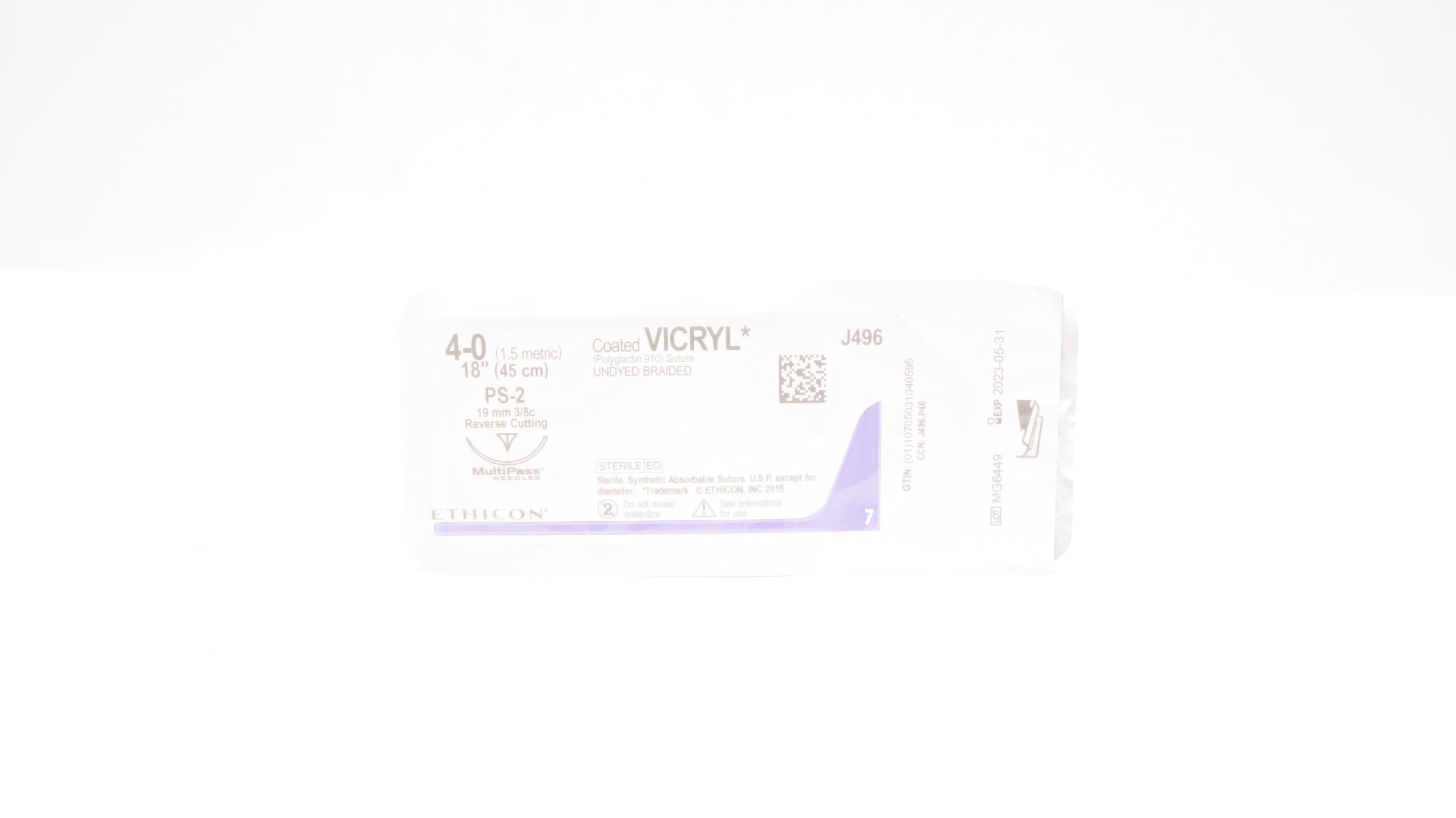 Ethicon J496 4-0 Coated VICRYL PS-2 19mm 3/8c Reverse Cutting, 18inch (x)