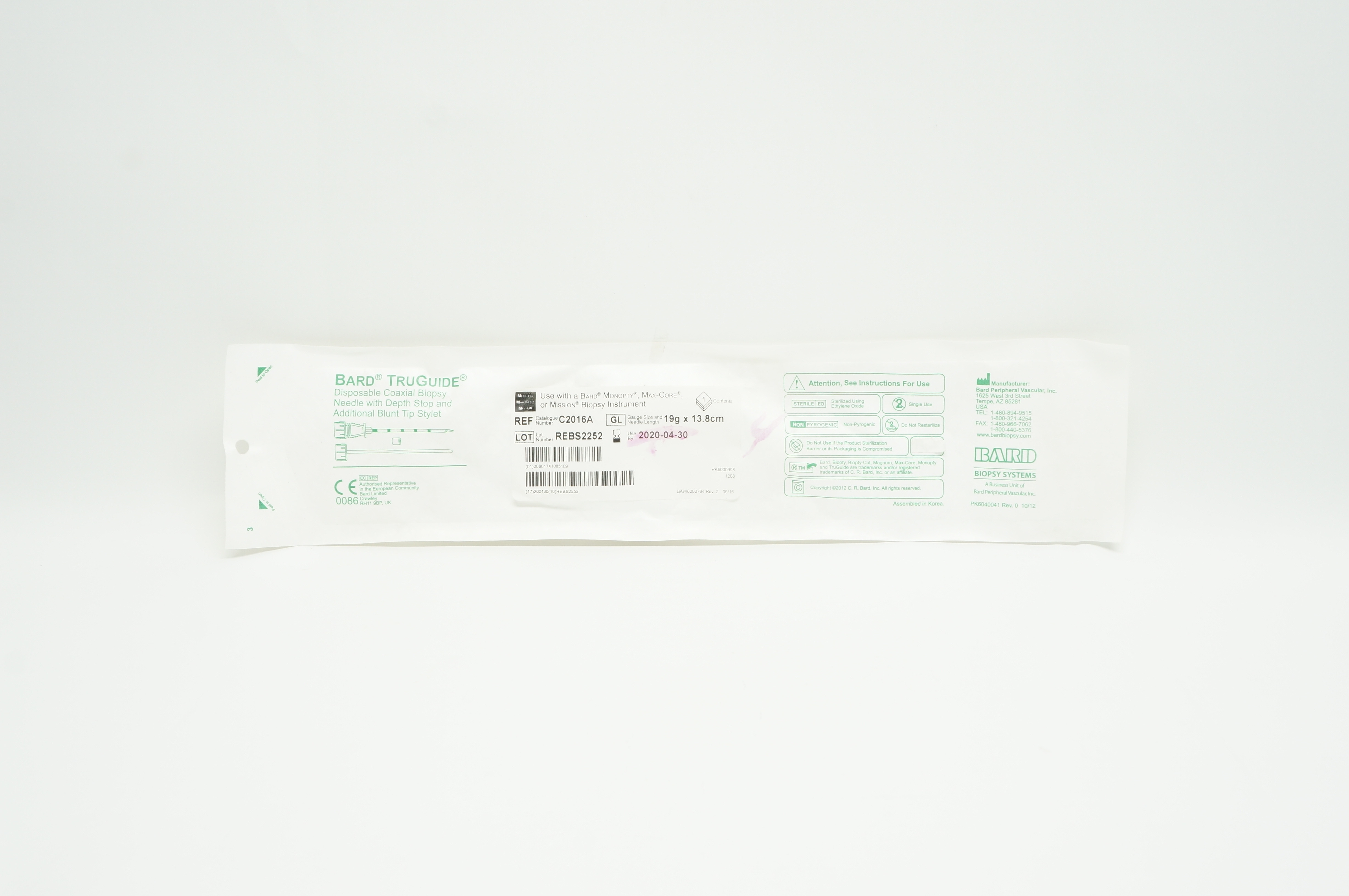 Bard C2016A TruGuide Disposable Coaxial Biopsy Ndle. 19g x 13.8cm (x)