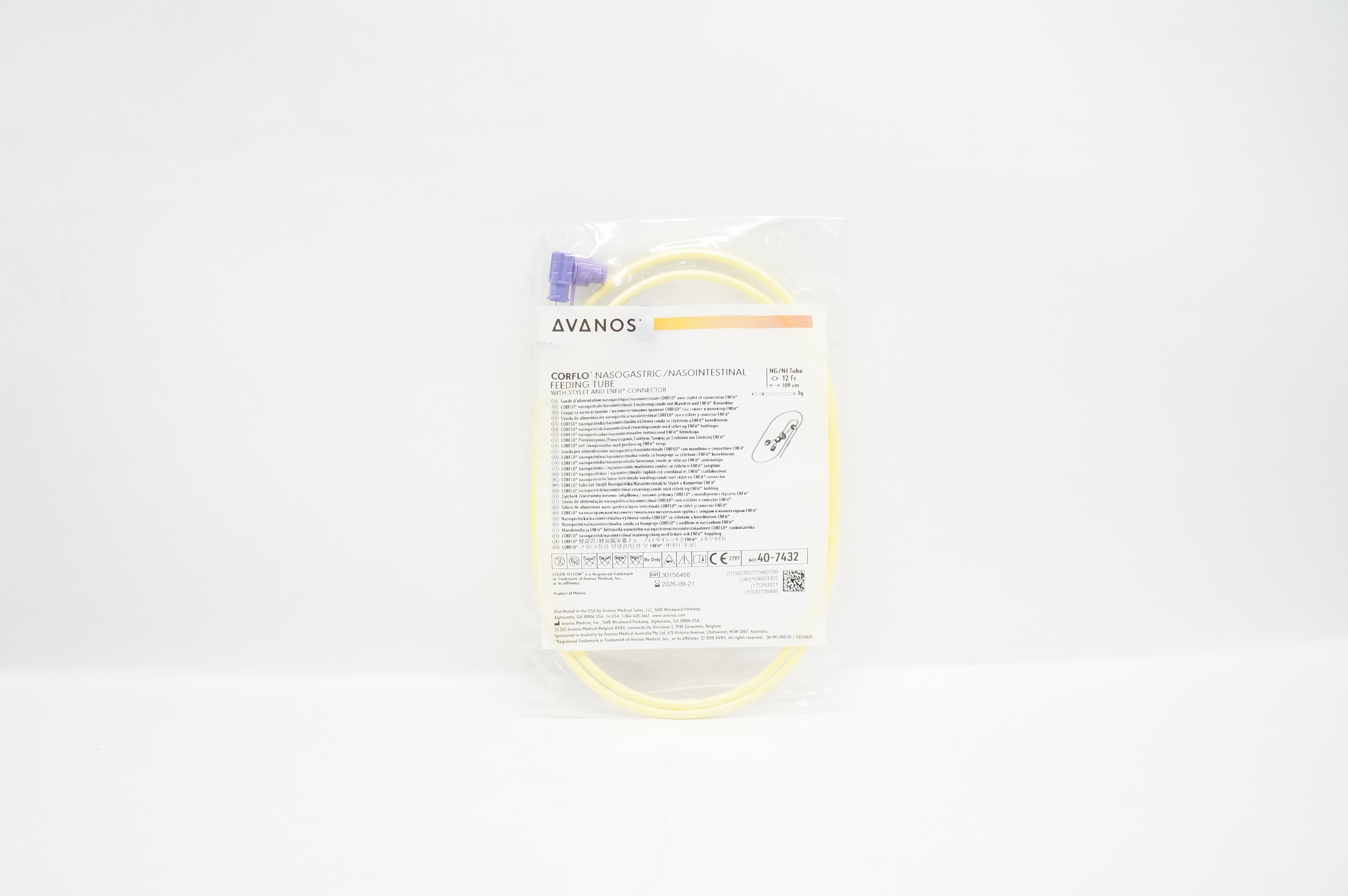 Avanos 40-7432 Corflo Nasogastric/Nasointestinal Feeding Tube 12Fr x 109cm