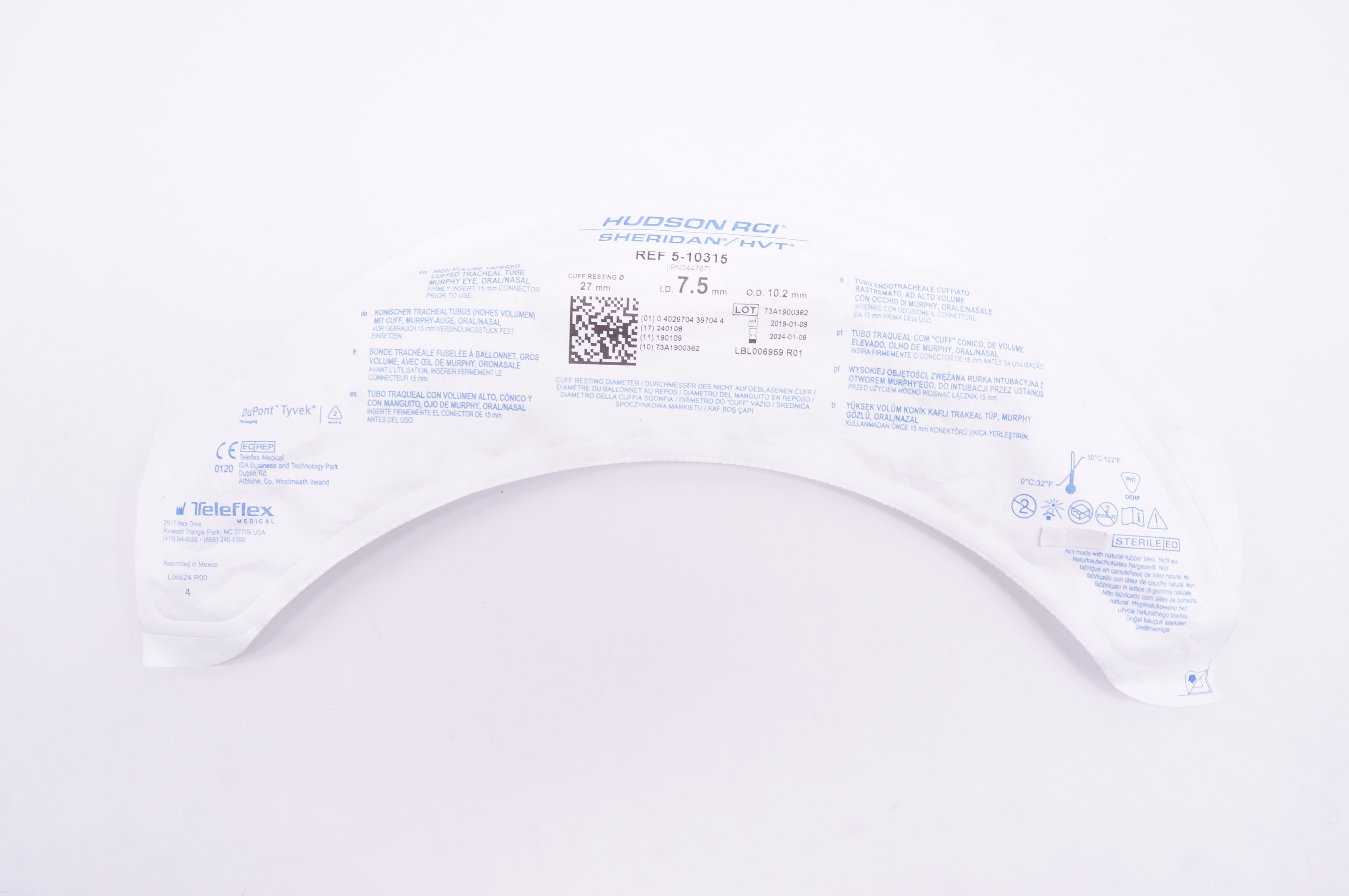 Teleflex 5-10315 Hudson RCI Sheridan HVT Cuffed Tracheal Tube 7.5 x 10.2 x 27mm