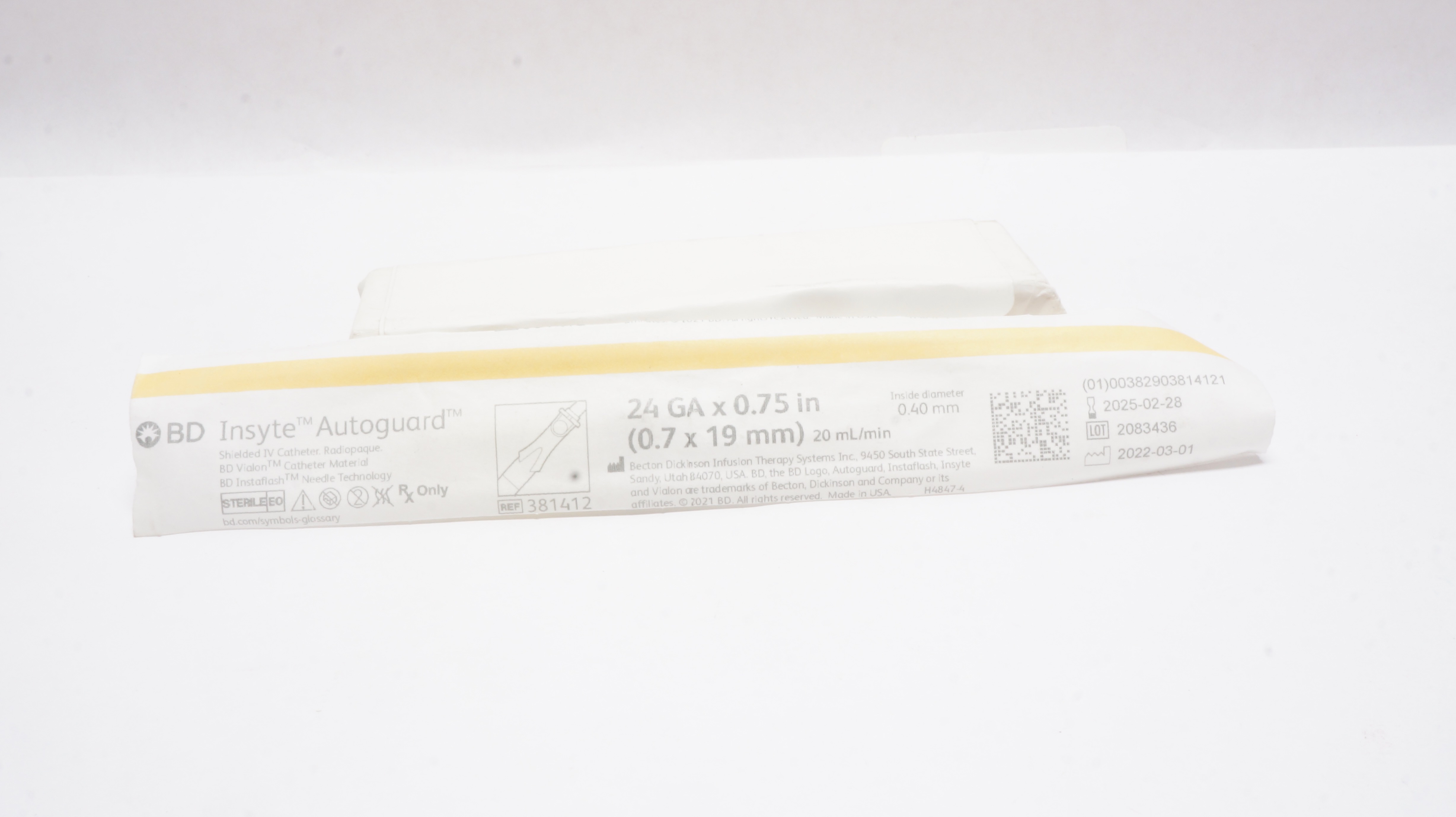 BD 381412 BD Insyte Autoguard Shielded I.V. Cath. 24Ga x 0.75 inch 20ml/min