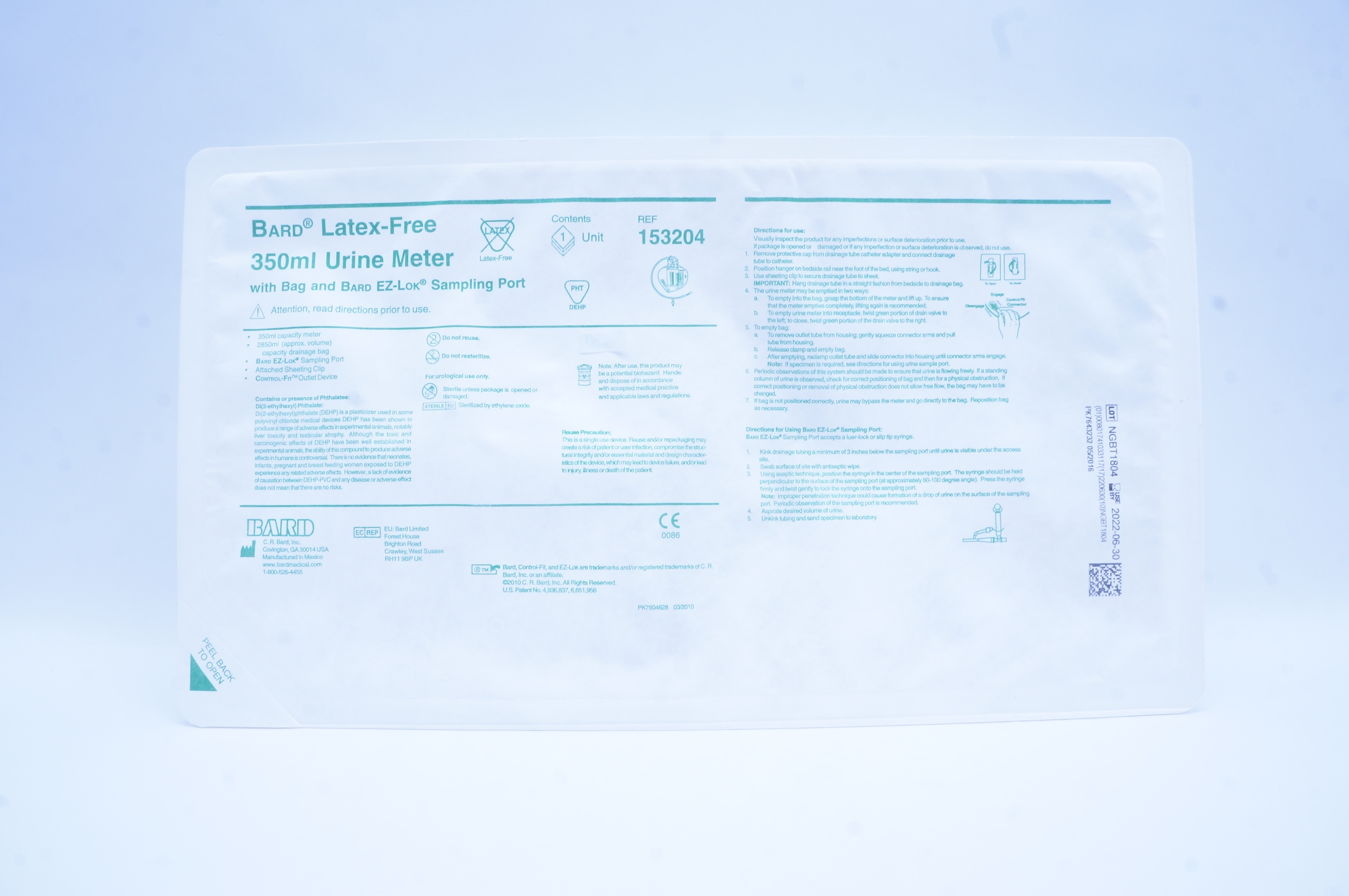 Bard 153204 Latex-Free 350ml Urine Meter with Bag and Bard EZ-Lok Sampling Port