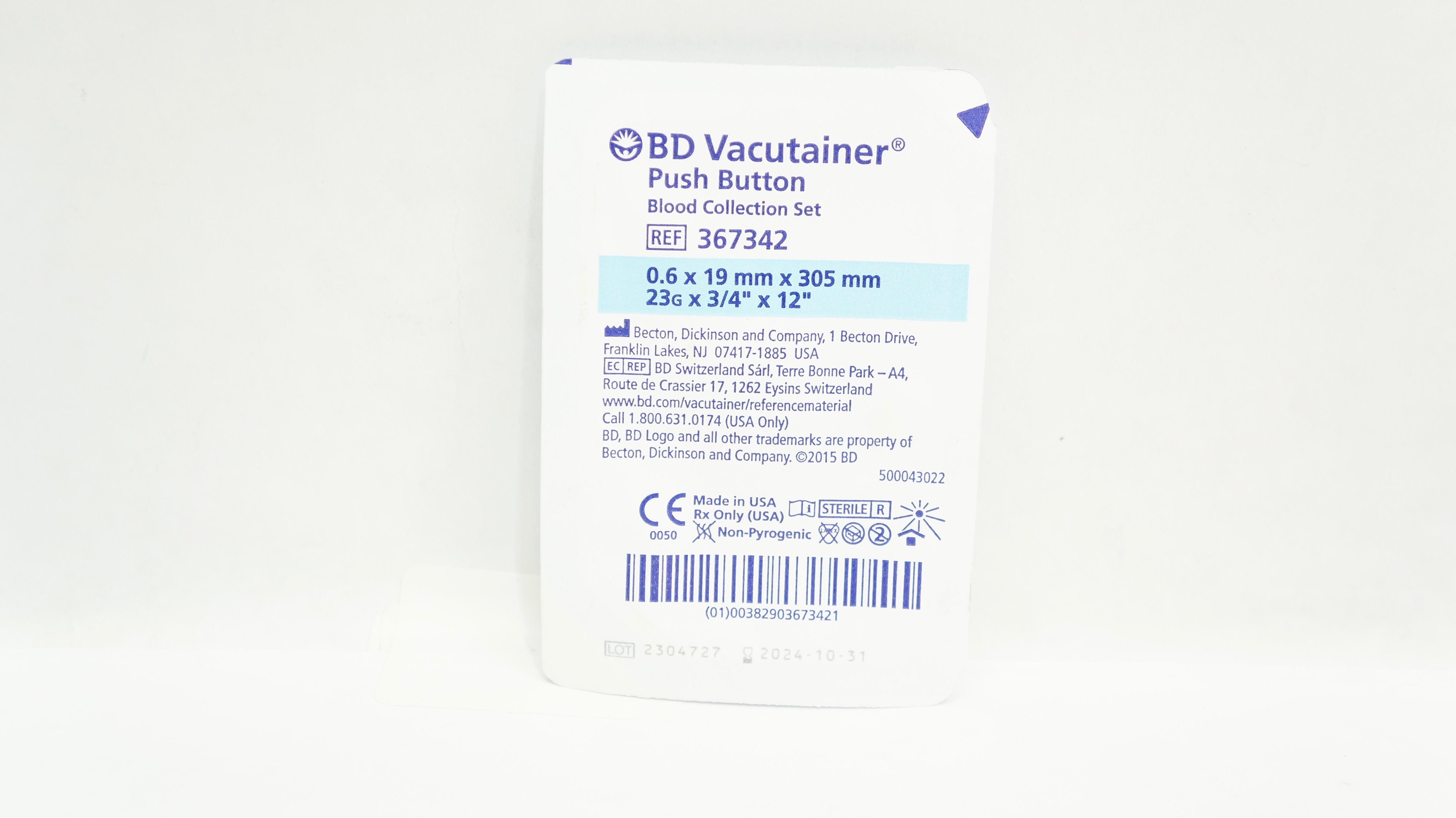 BD 367342 Vacutainer Push Button Blood Collection Set 23G x 3/4inch x 12inch