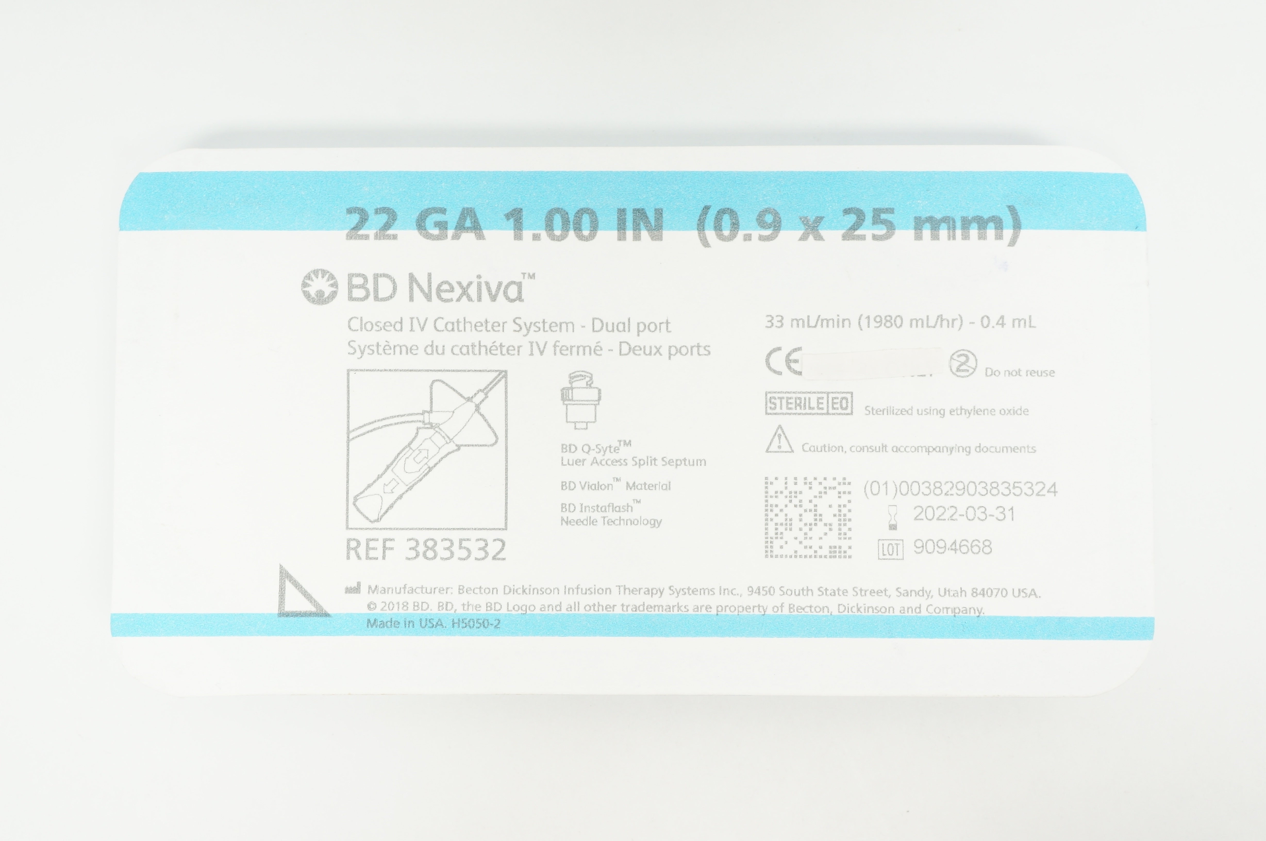 BD 383532 Nexiva Closed IV Cath. System - Dual Port 22Ga x 1 inch