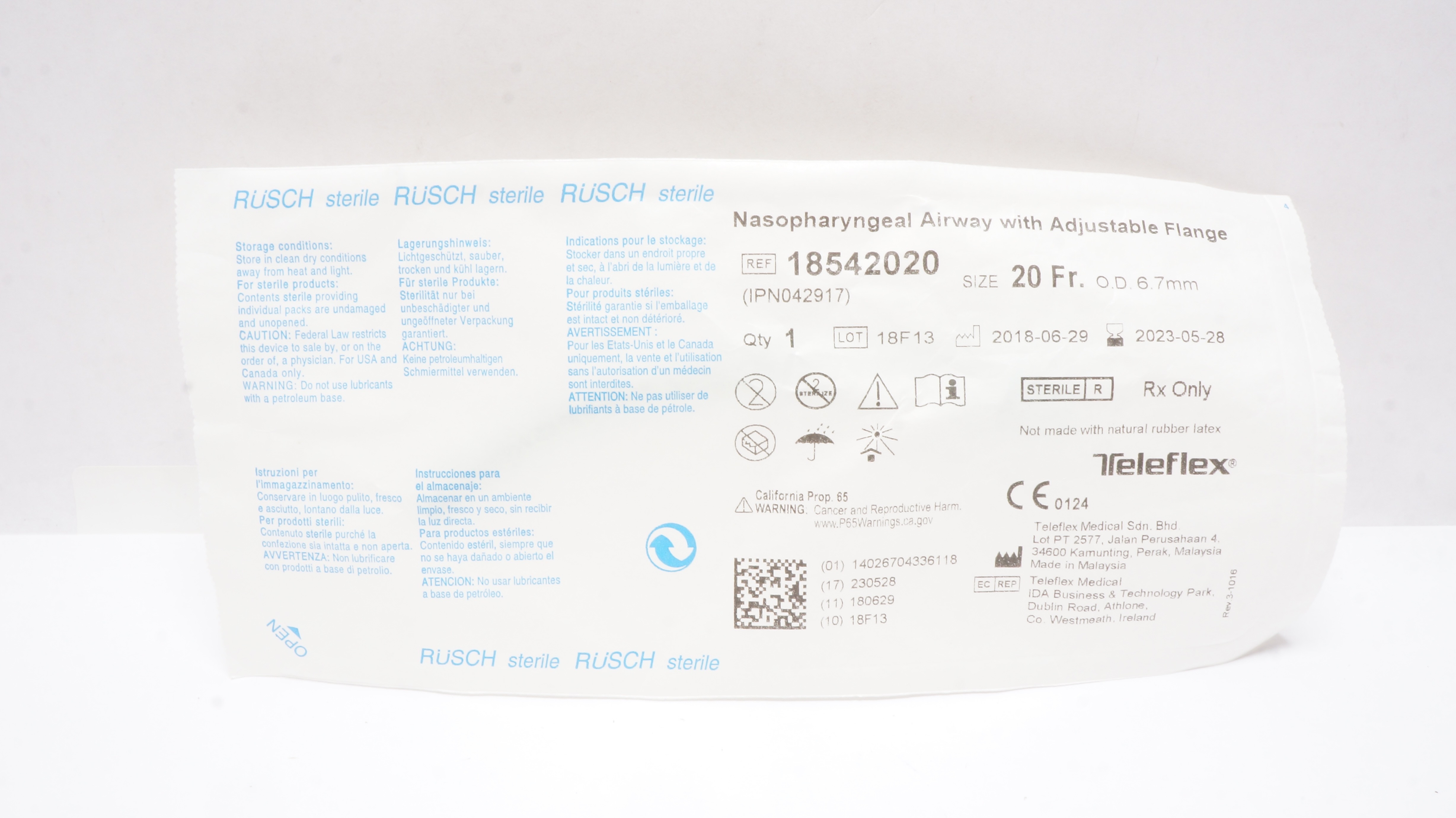Teleflex 18542020 Rusch Nasopharyngeal Airway Adjustable Flange 20Fr x 6.7mm (x)