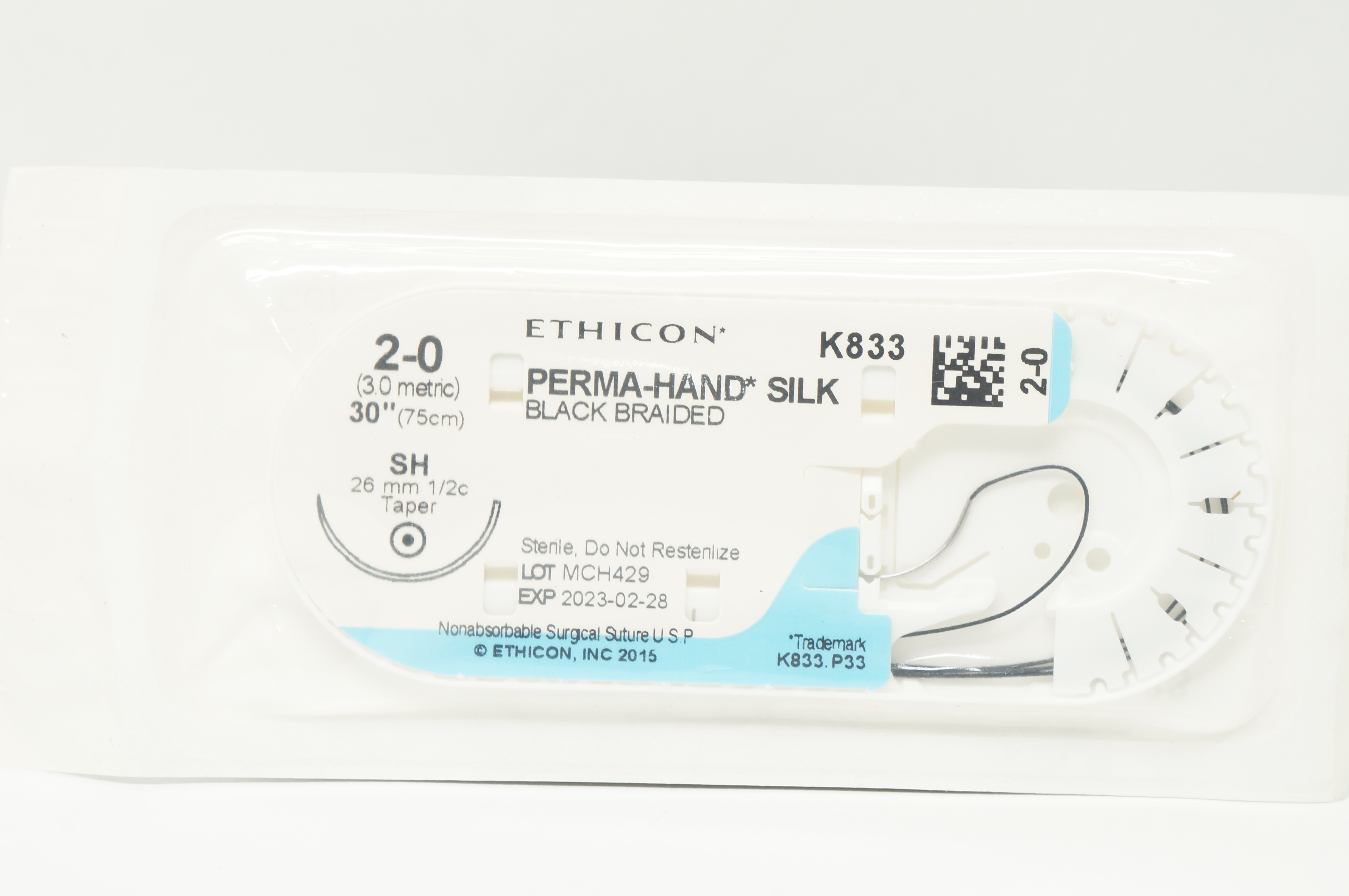 Ethicon K833 2-0 PERMA-HAND SILK Stre, SH 26mm 1/2c Taper, 30inch