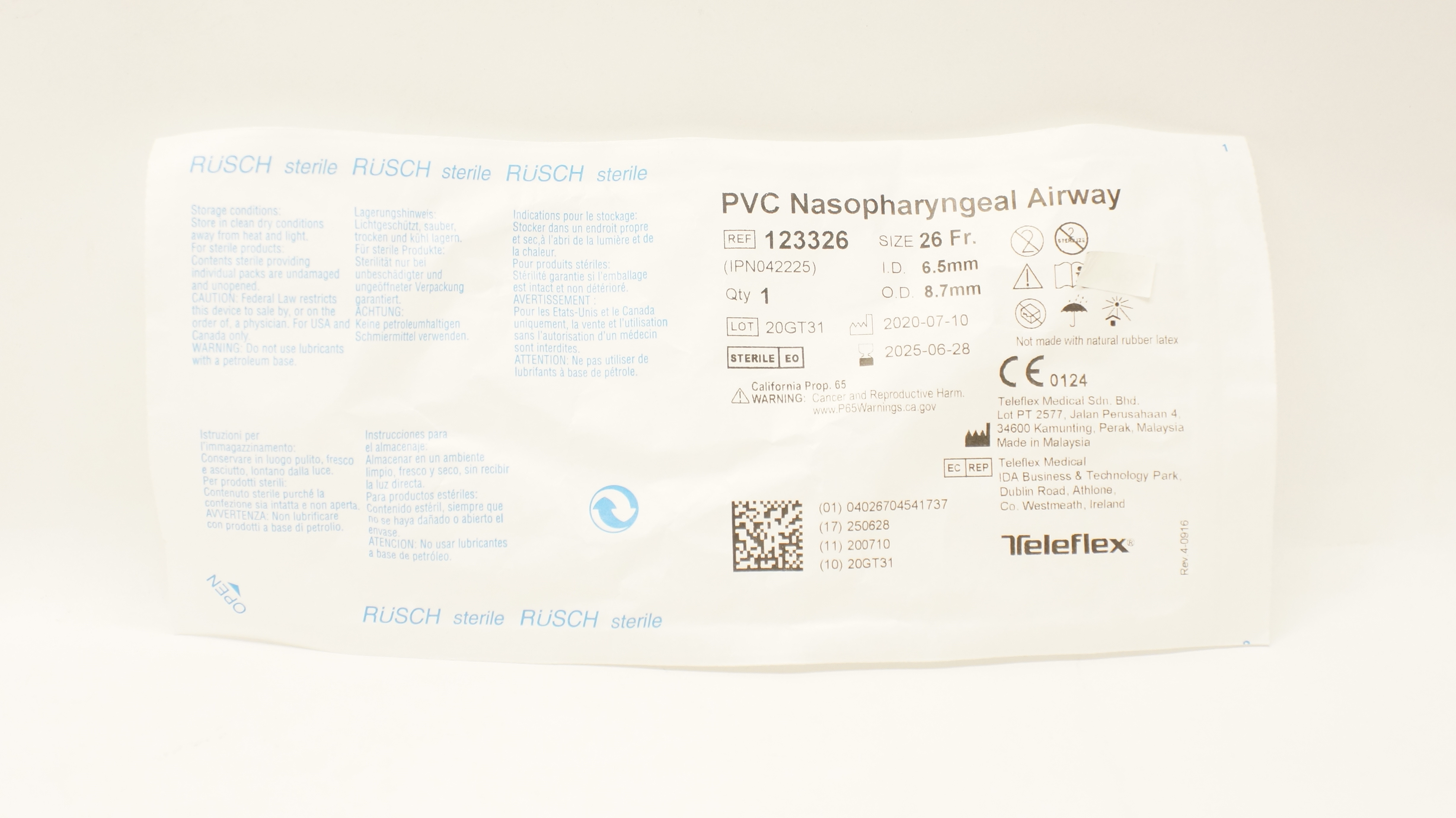 Teleflex 123326 Rusch PVC Nasopharyngeal Airway 26Fr. x 6.5mm ID x 8.7mm OD
