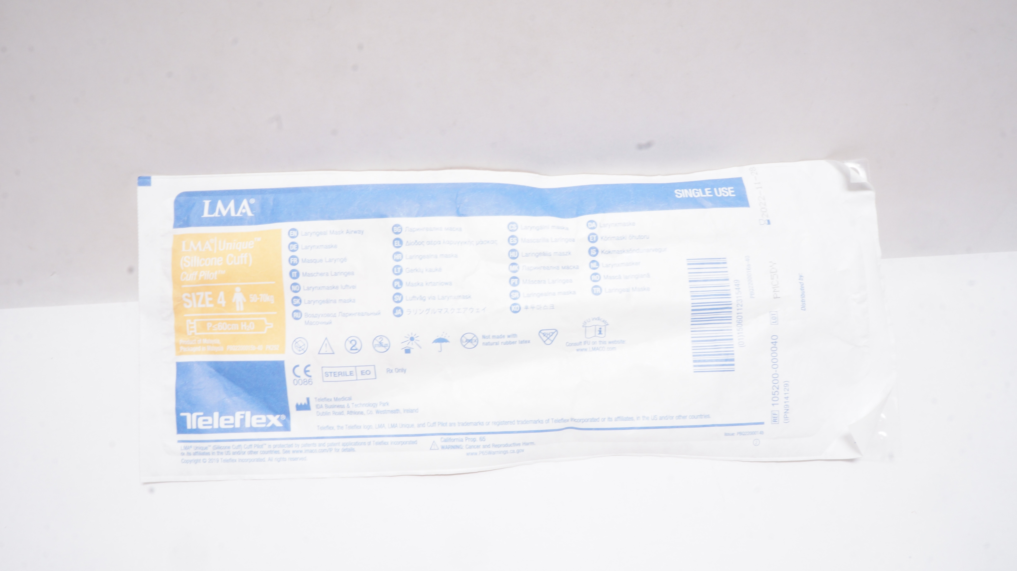 Teleflex 105200-000040 LMA Unique Cuff Pilot Laryngeal Mask, Size 4 50-70kg (x)