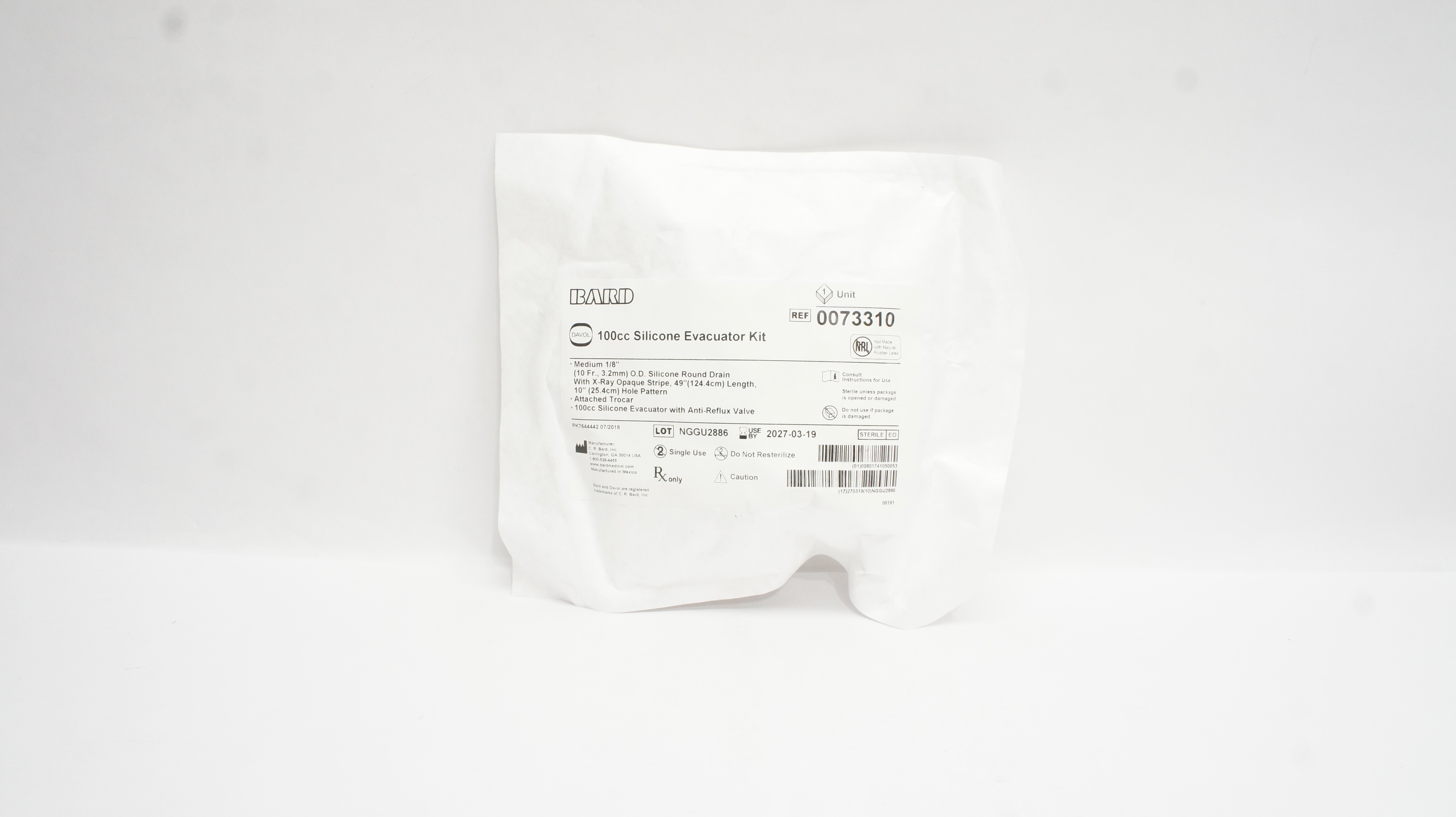 Bard 0073310 100cc Silicone Evacuator Kit Medium 1/8inch