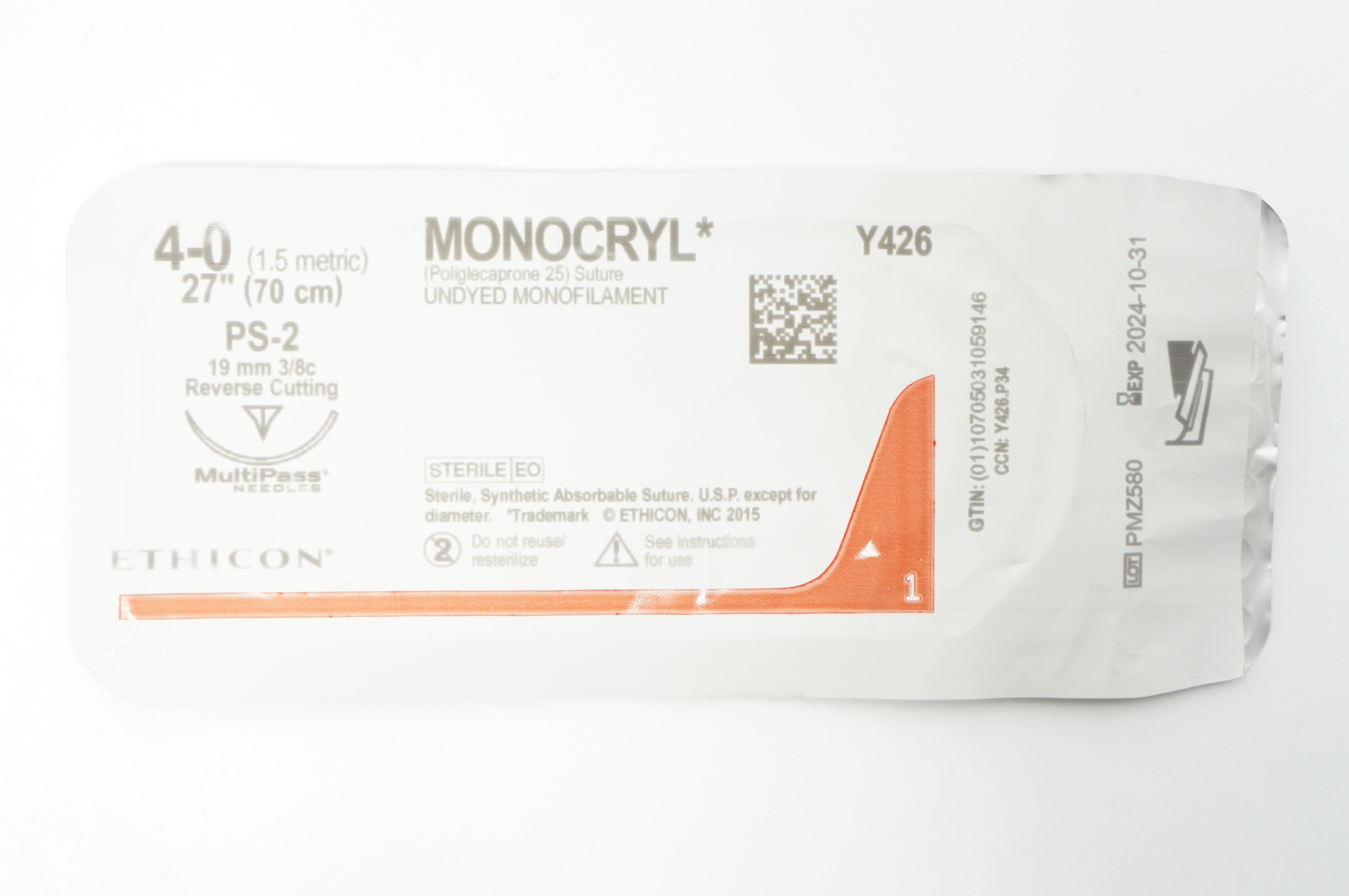 Ethicon Y426 4-0 MONOCRYL Undyed S-2 19mm 3/8c Reverse Cutting, 27inch