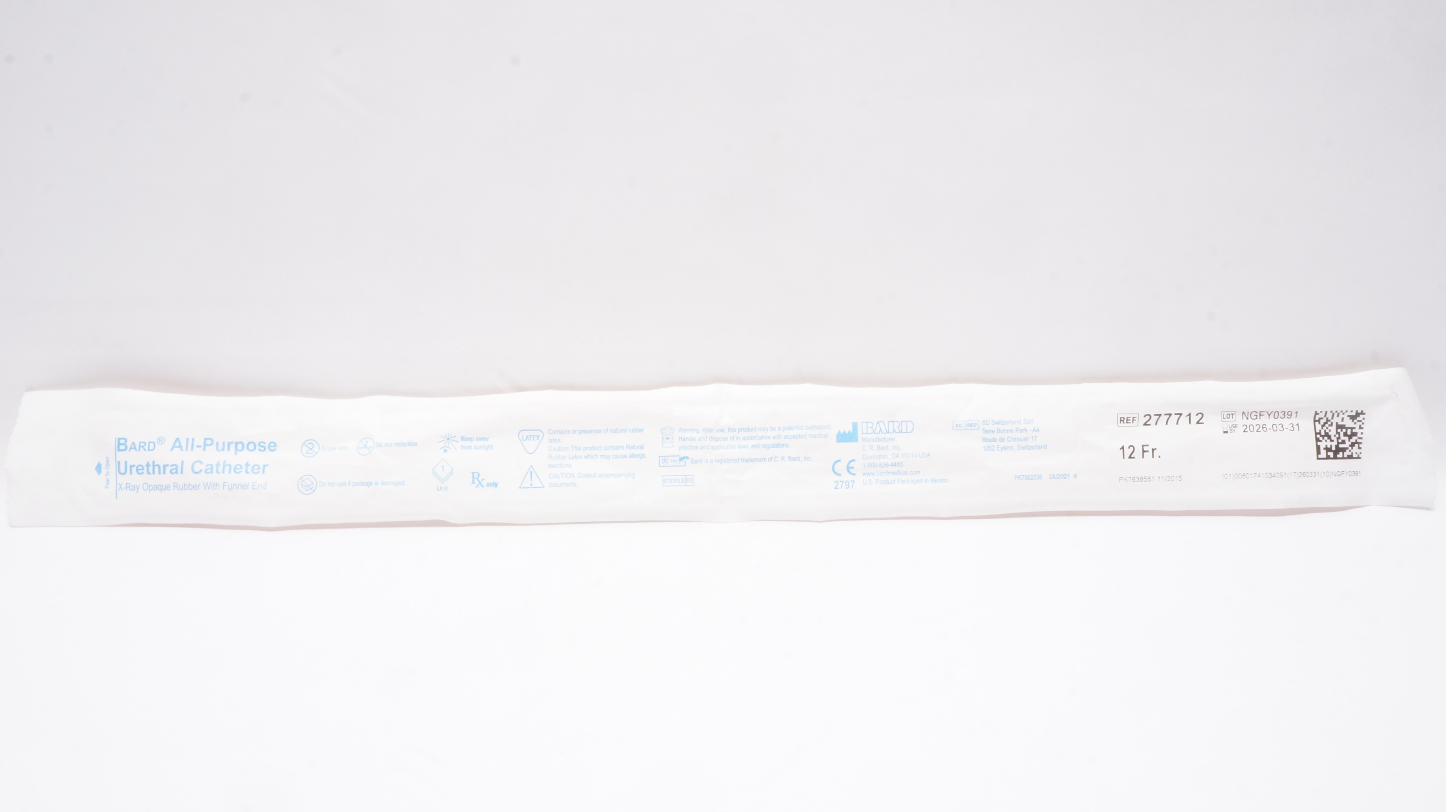 Bard 277712 All-Purpose Urethral Cath. 12Fr., X-Ray Opaque Rubber w/Funnel End