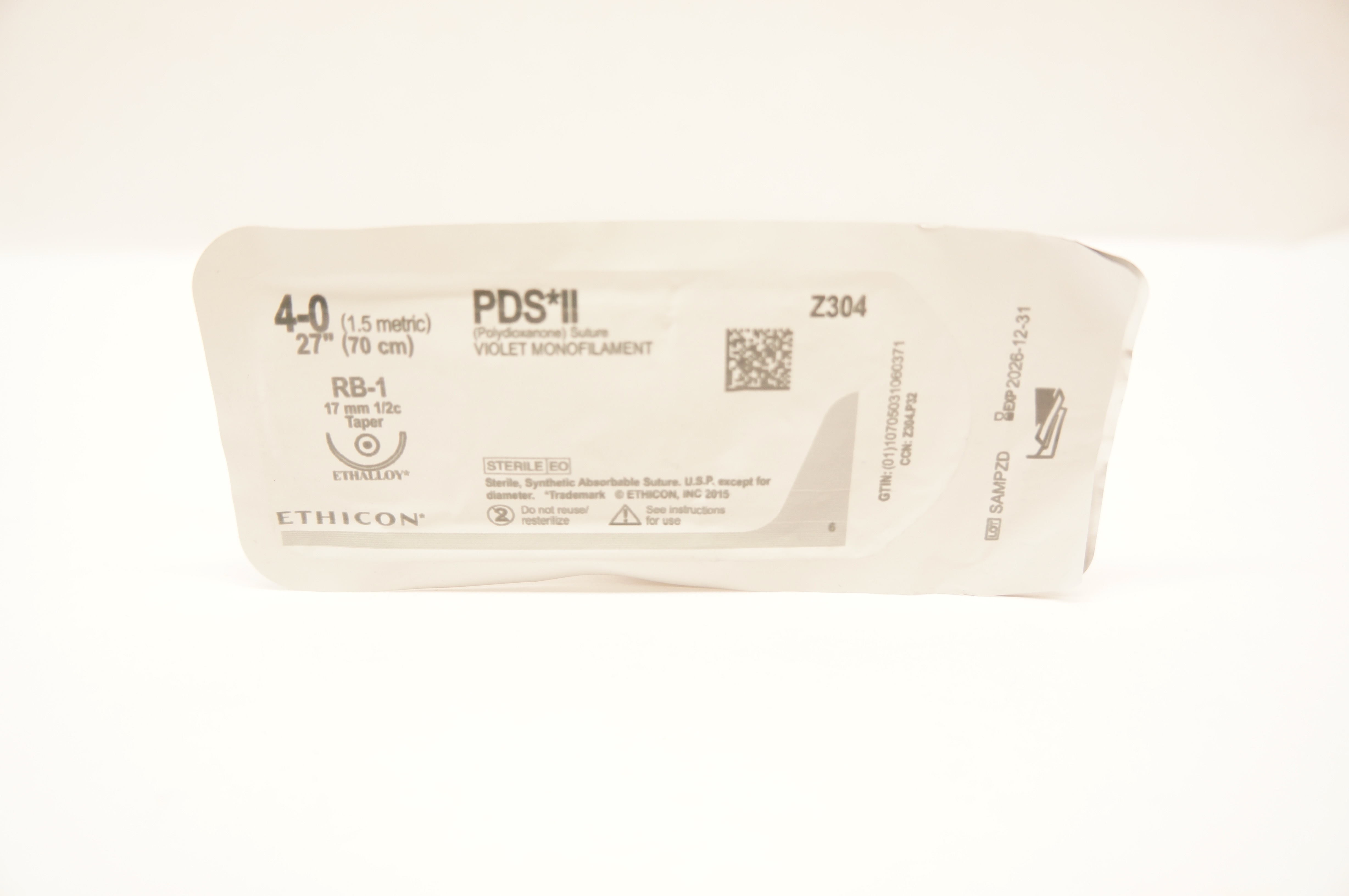 Ethicon Z304 4-0 PDS II Violet Monofilament Stre RB-1 17mm 1/2c Taper, 27inch