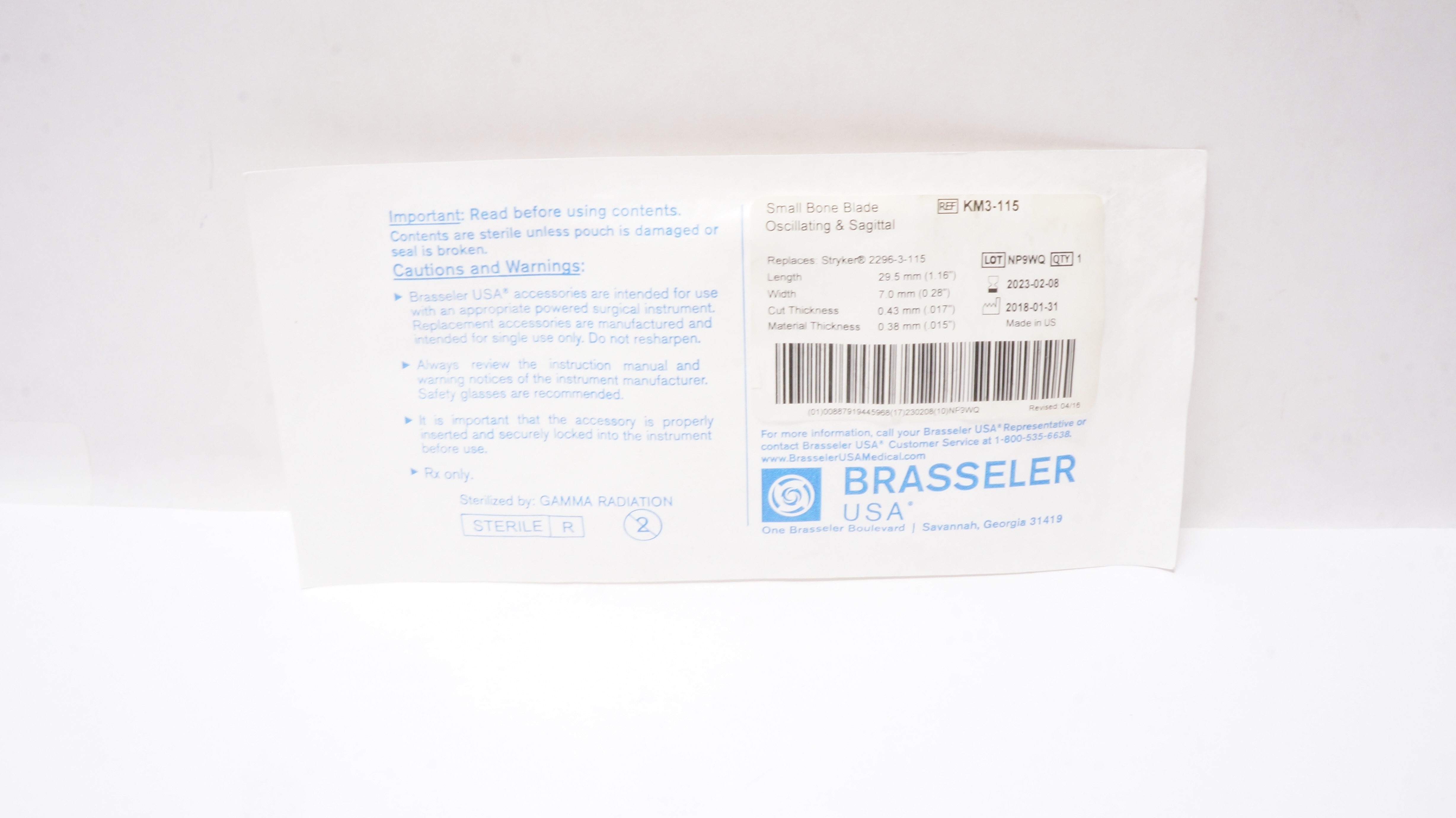 Brasseler KM3-115 Small Bone Blade Oscillating & Sagittal 1.16inch x 0.28inch(x)