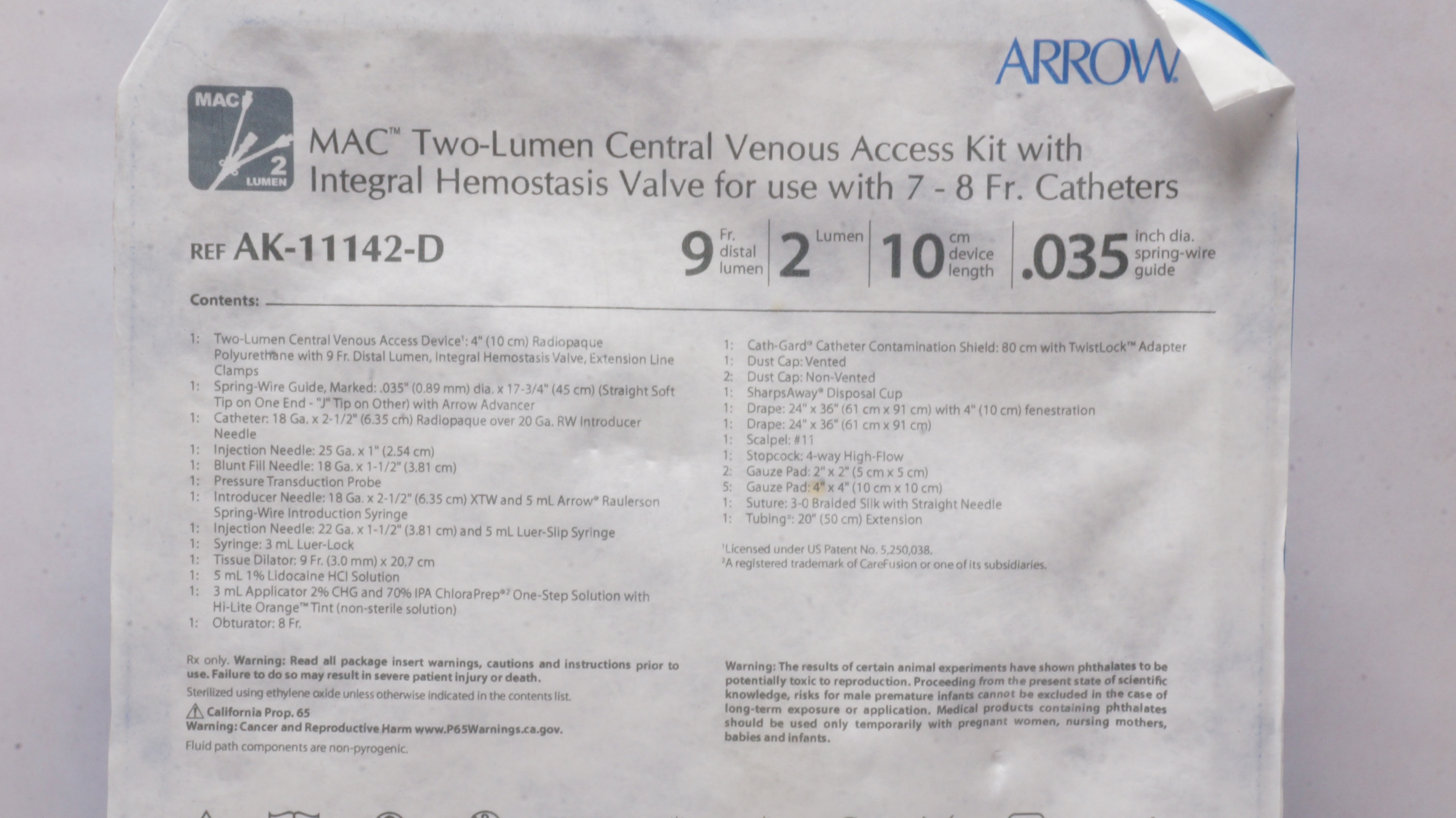 Arrow AK-11142-D MAC Two-Lumen Central Venous Access Kit 9Fr x