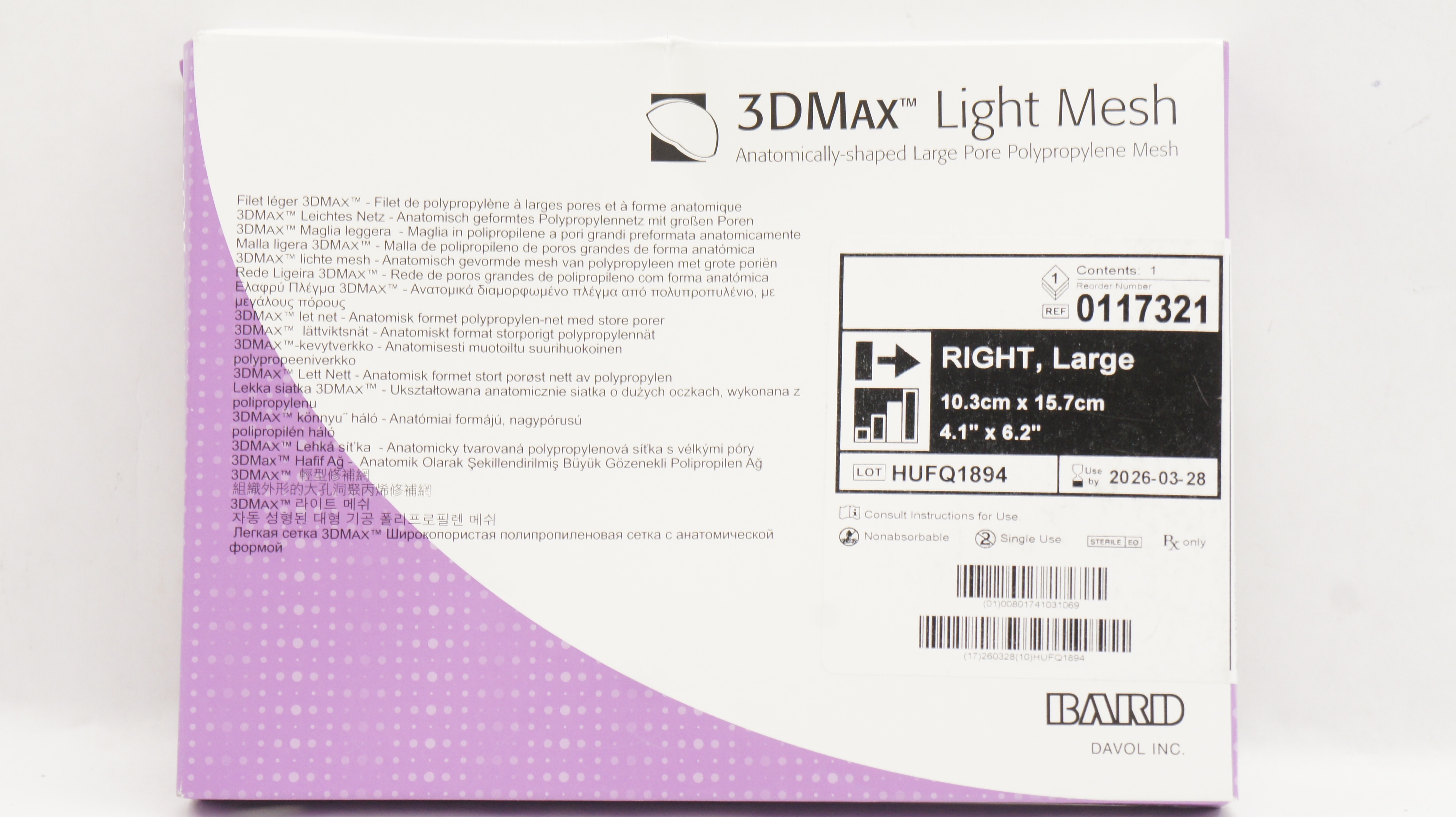 Bard 0117321 Davol 3DMax Light Mesh Right Large 4.1 inch x 6.2 inch