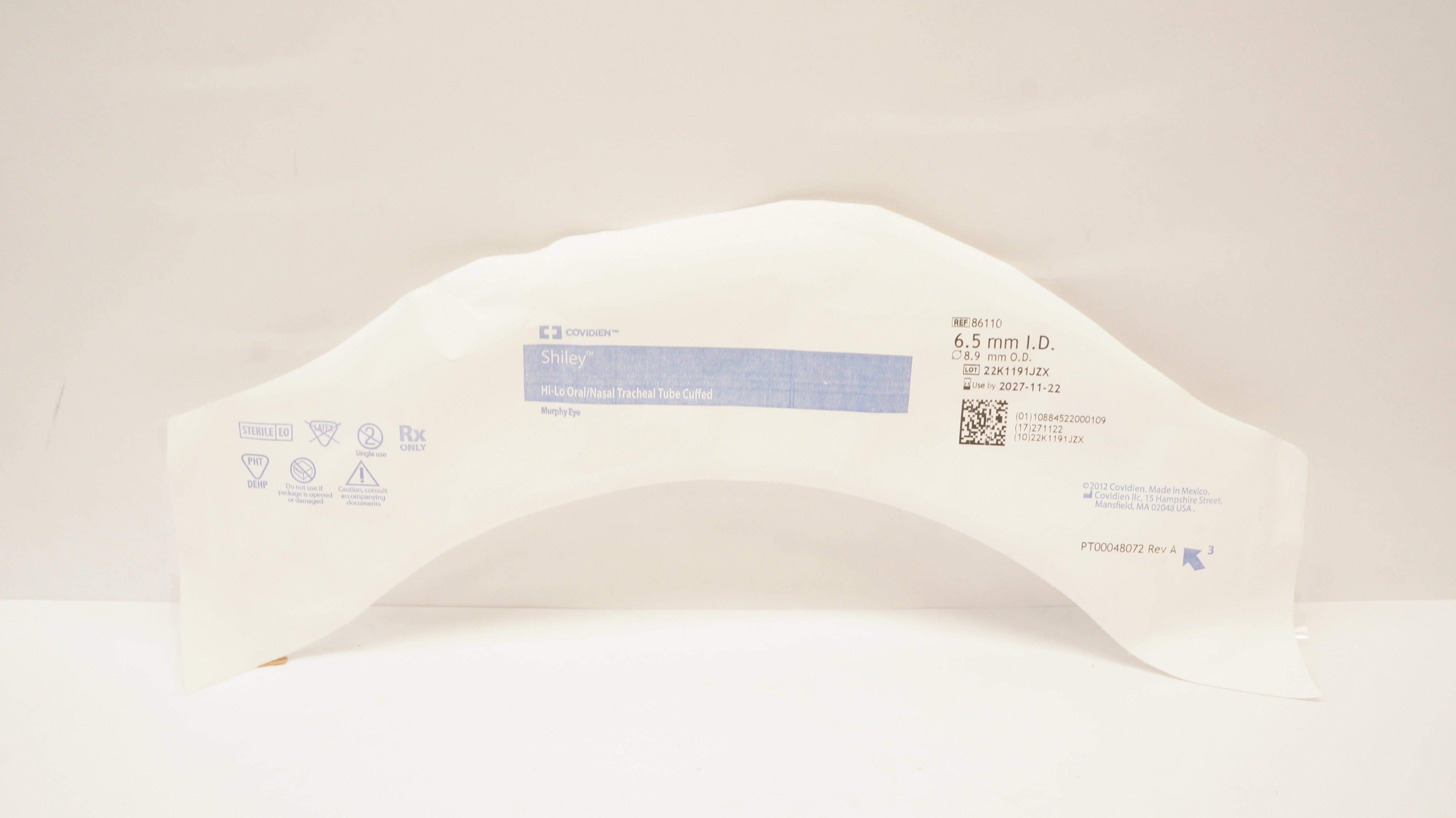 Covidien 86110 Shiley Hi-Lo Oral/Nasal Tracheal Tube Cuffed 6.5mm ID x 8.9mm OD