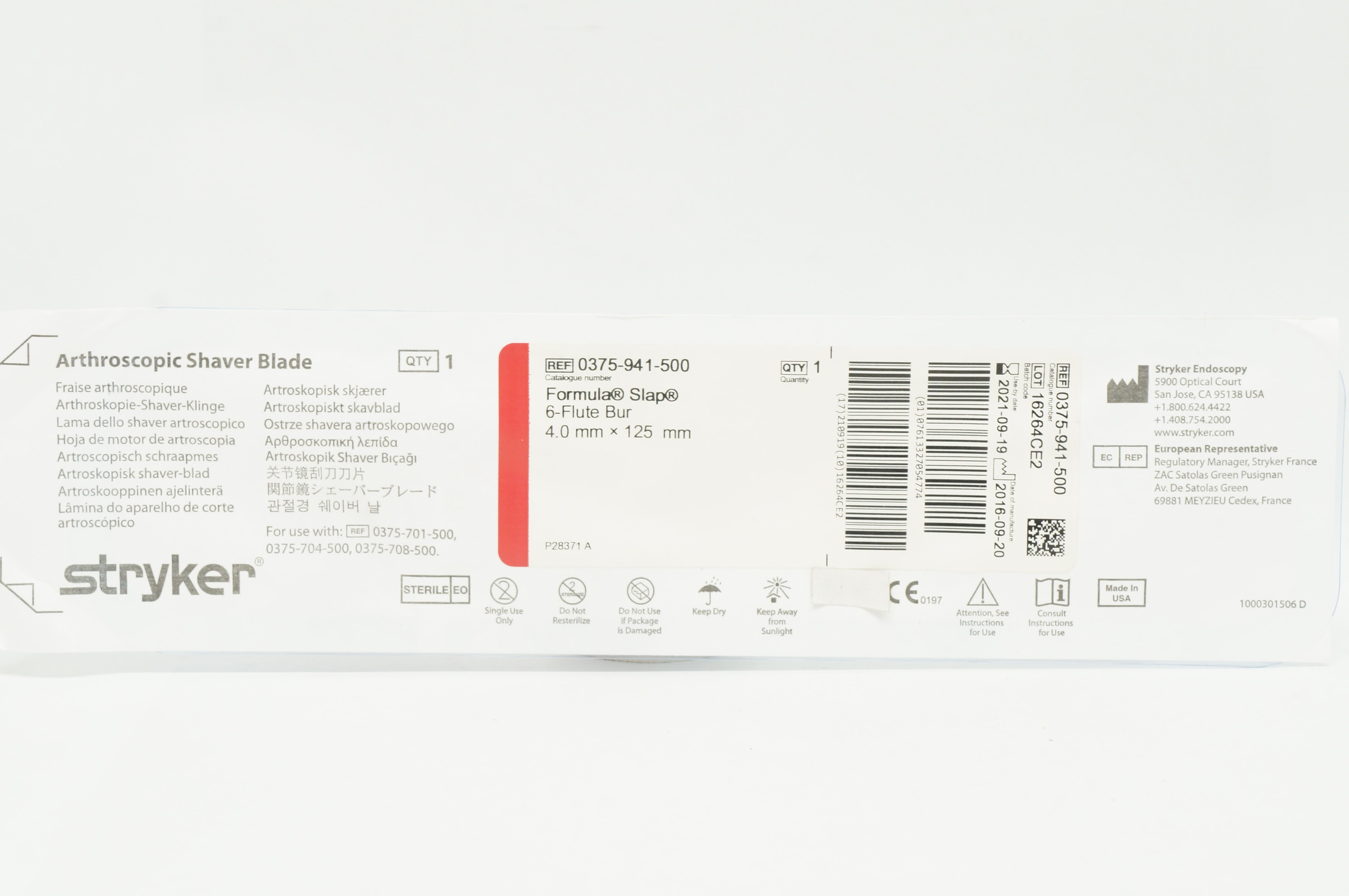 Stryker 0375-941-500 Formula Slap 6-Flute Bur 4.0mm x 125mm