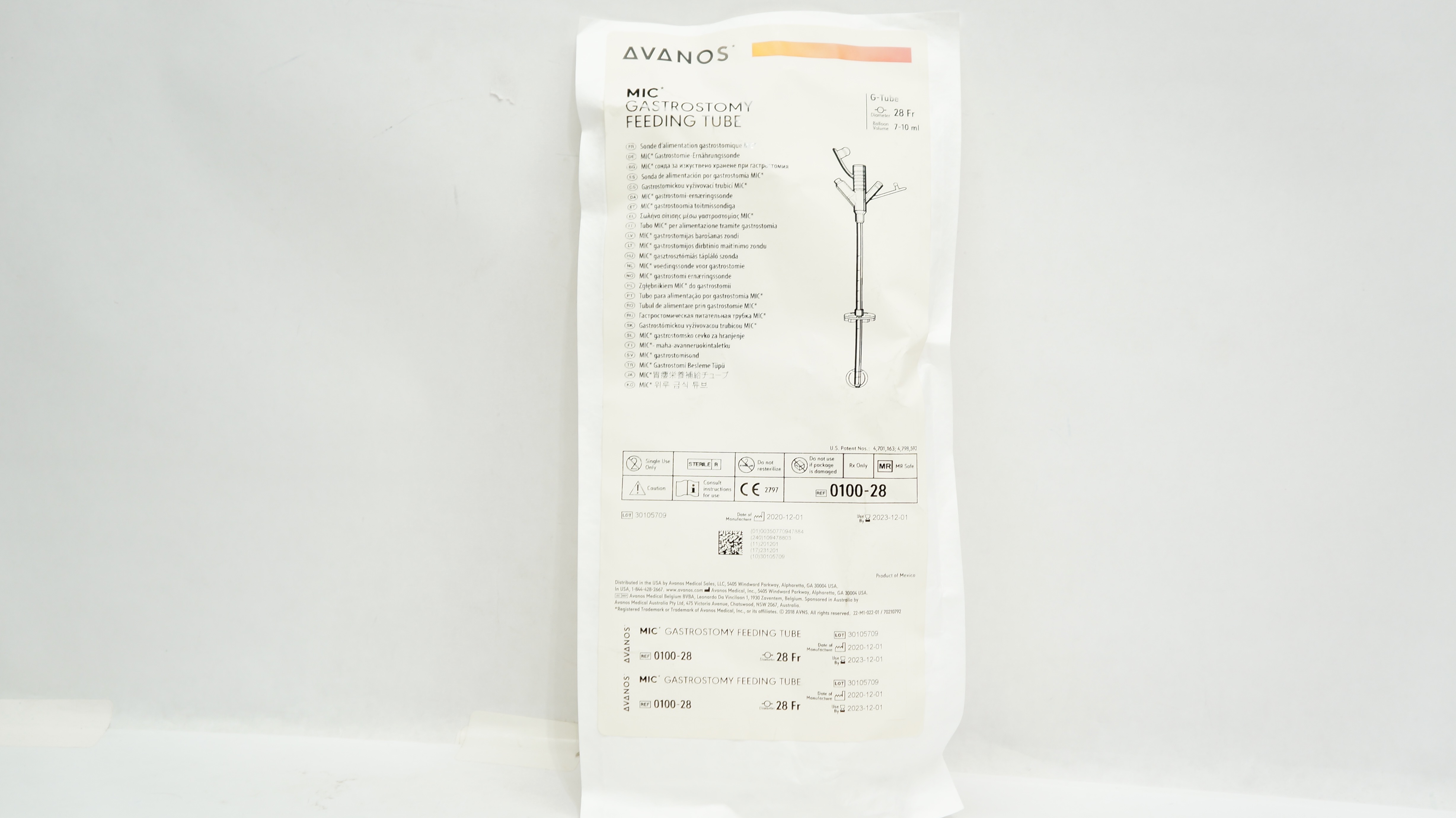 Avanos 010028 MIC Gastrostomy Feeding Tube 28Fr x 710mL