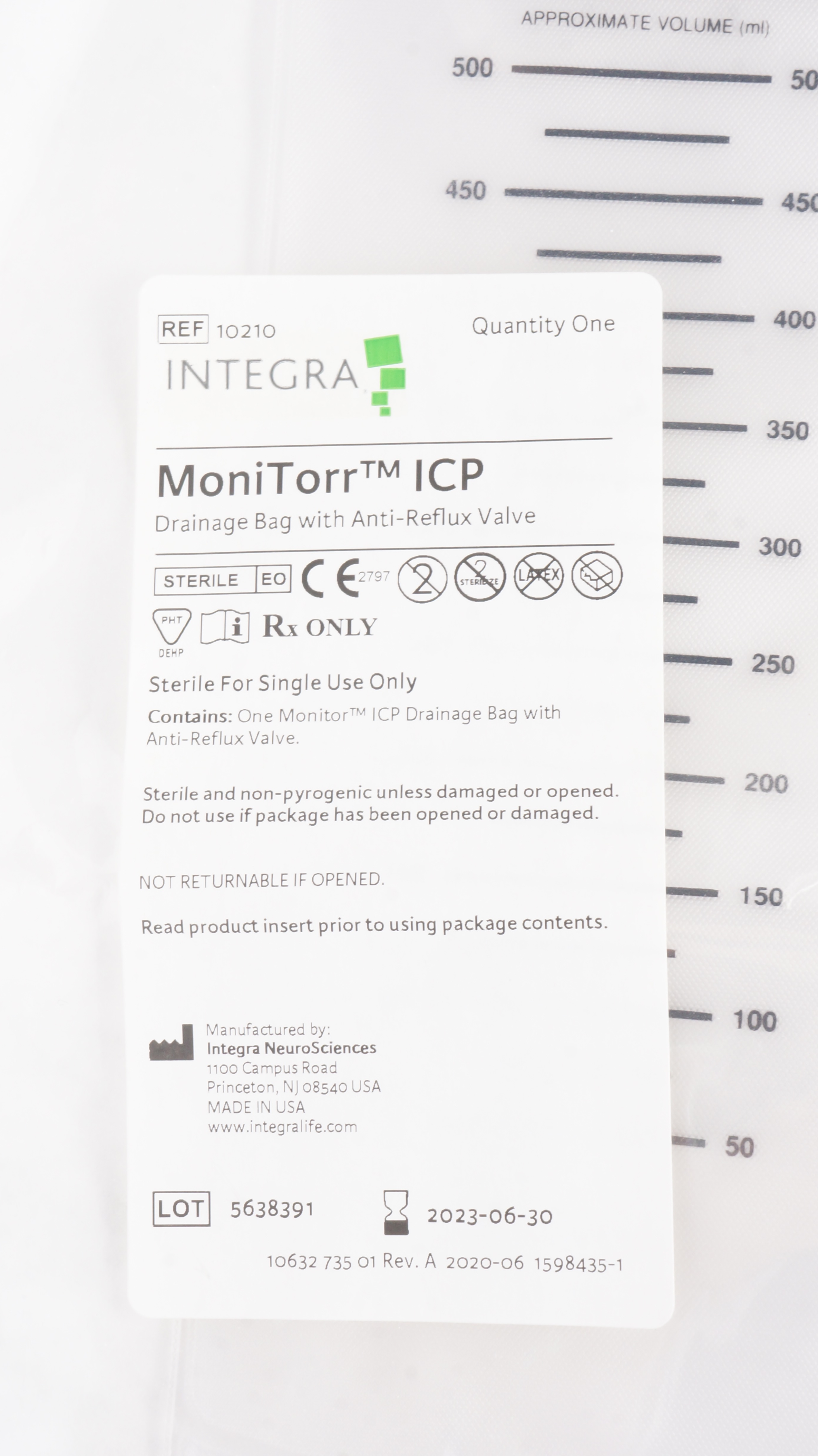 INTEGRA 10210 Monitorr ICP Drainage Bag with Anti-Reflux Valve