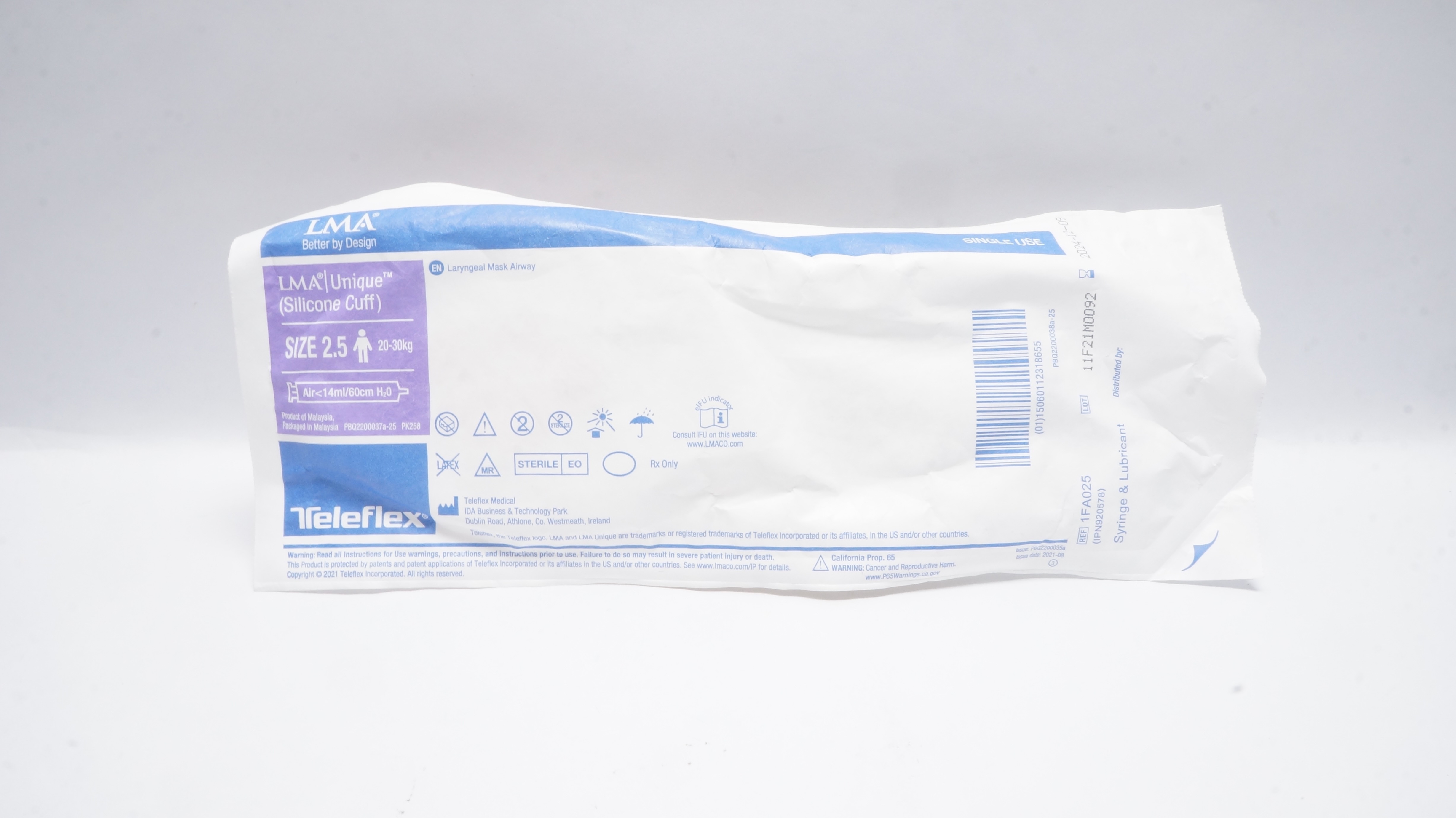 Teleflex 1FA025 LMA Unique Silicone Cuff Laryngeal Mask Airway, Size 2.5 (x)