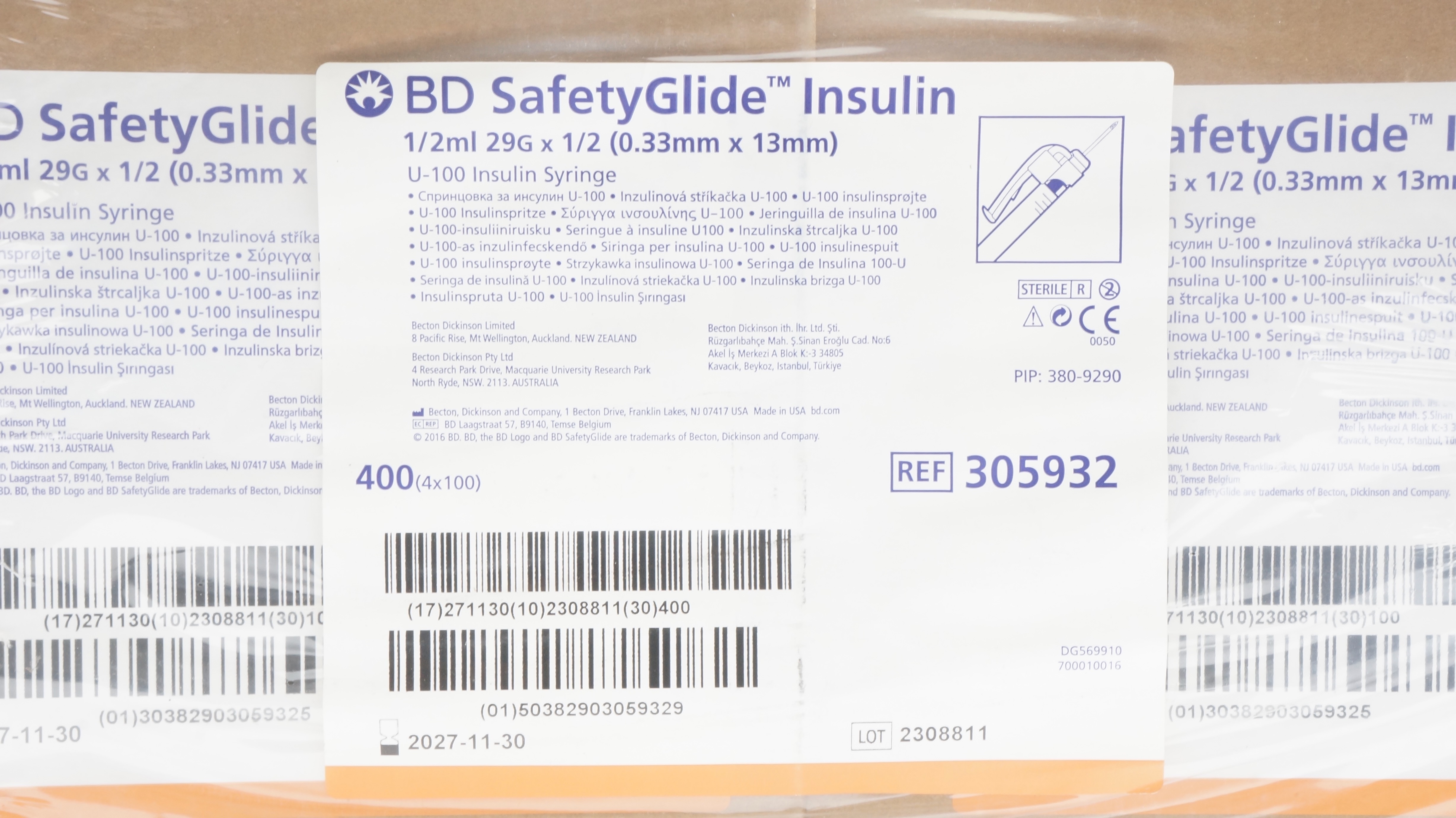 BD 305932 SafetyGlide U-100 Insulin Syringe 1/2ml 29G x 1/2 - Case of 400