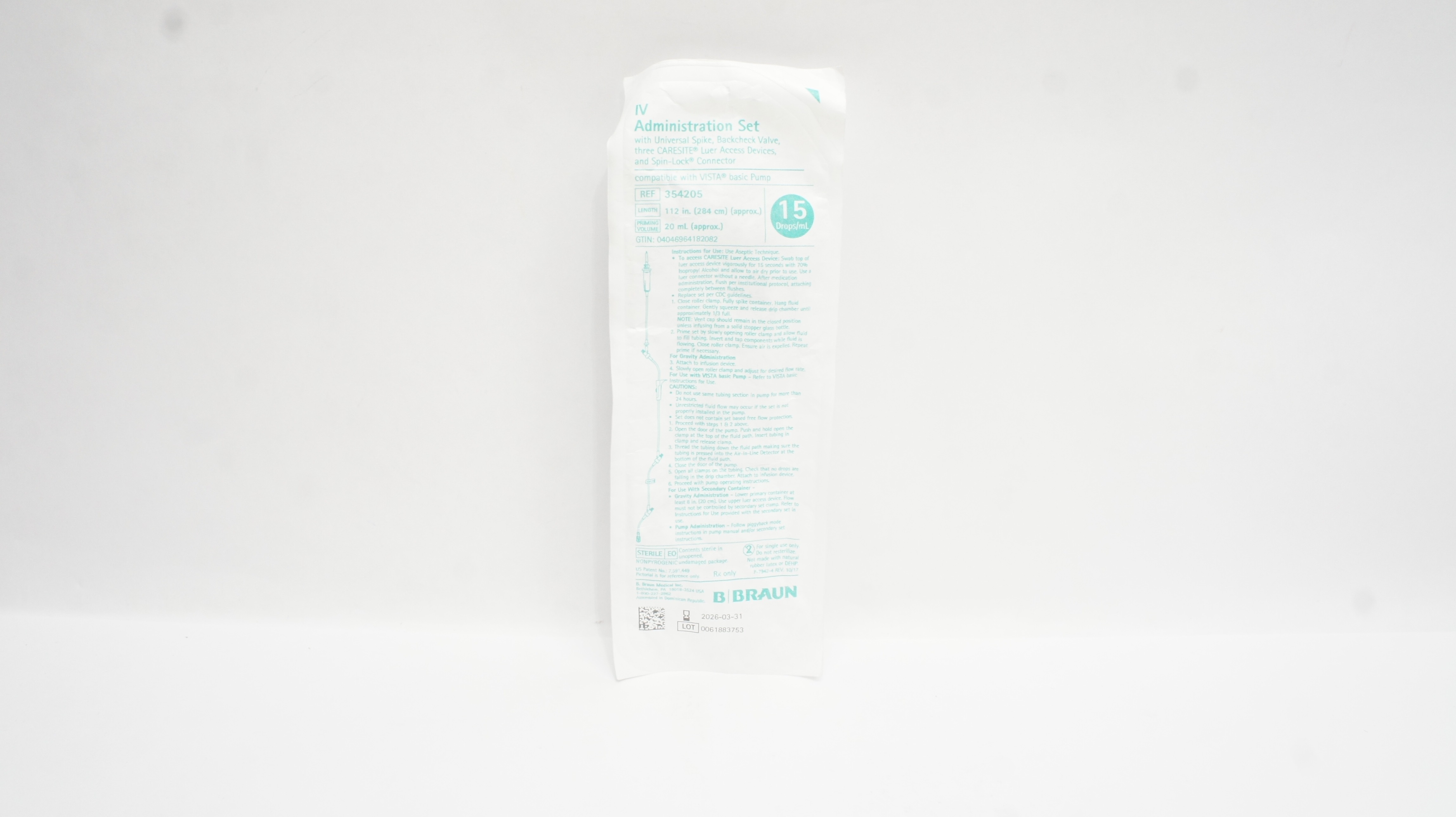 Braun 354205 IV Administration Set 112inch x 20mL Approx. 15Drops/mL