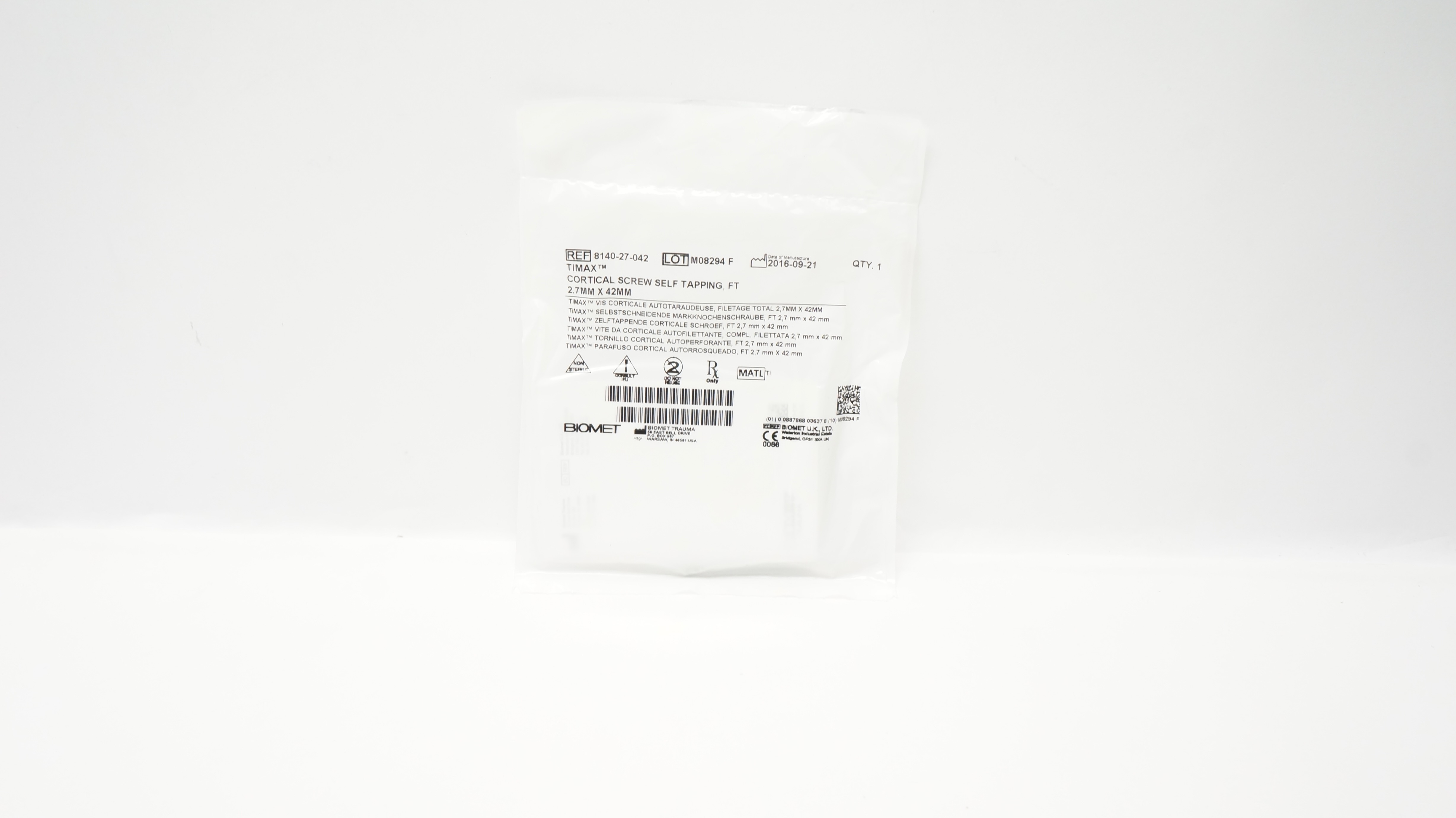 Biomet 8140-27-042 Timax Cortical Screw Self Tapping, FT, 2.7mm x 42mm