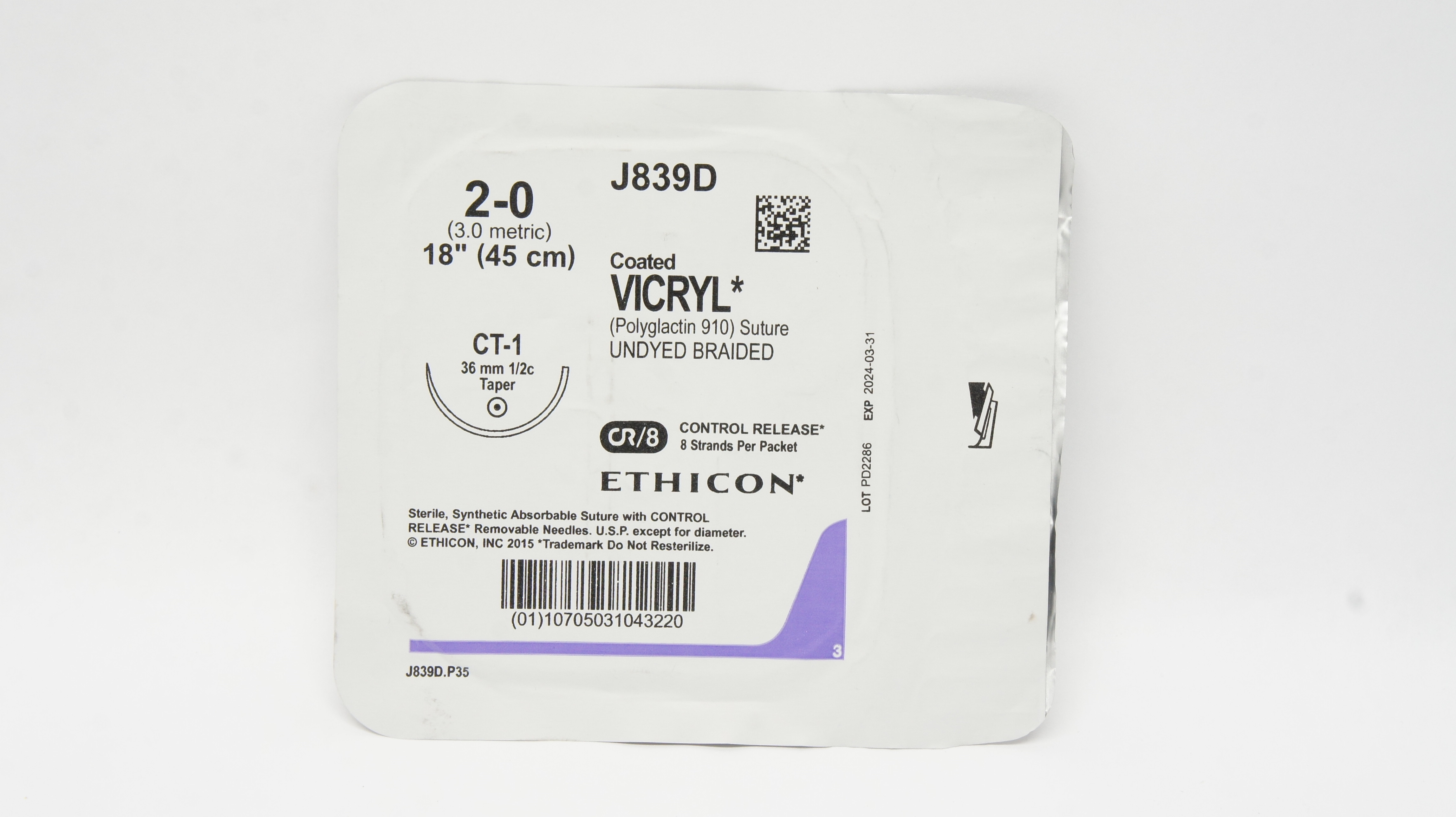 Ethicon J839D 2-0 Coated VICRYL Stre CT-1 36mm 1/2c Taper, 18 inch