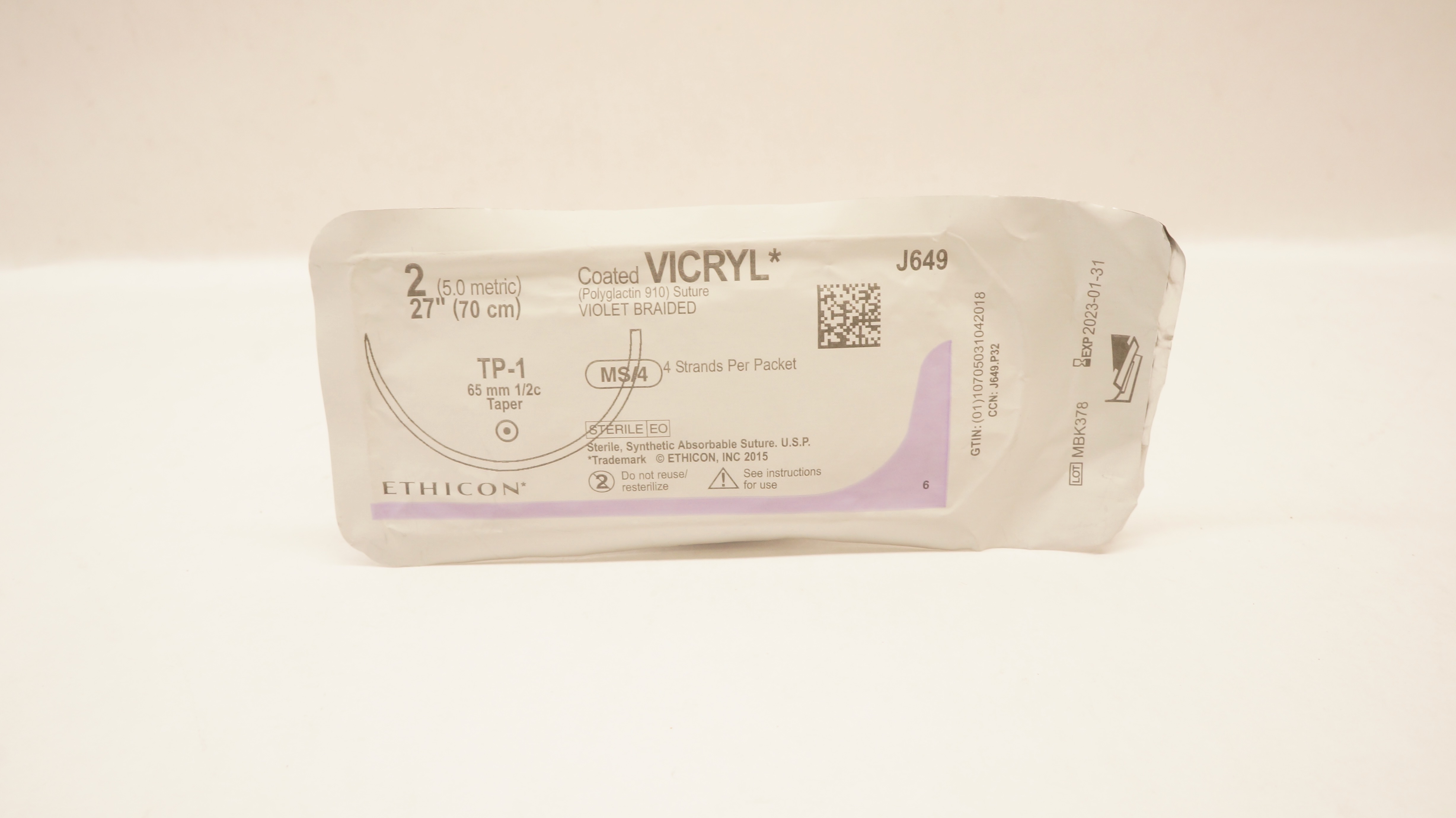 Ethicon J649 2 Coated VICRYL Polyglactin 910 Stre TP-1 65mm 1/2c Taper 27inch(x)