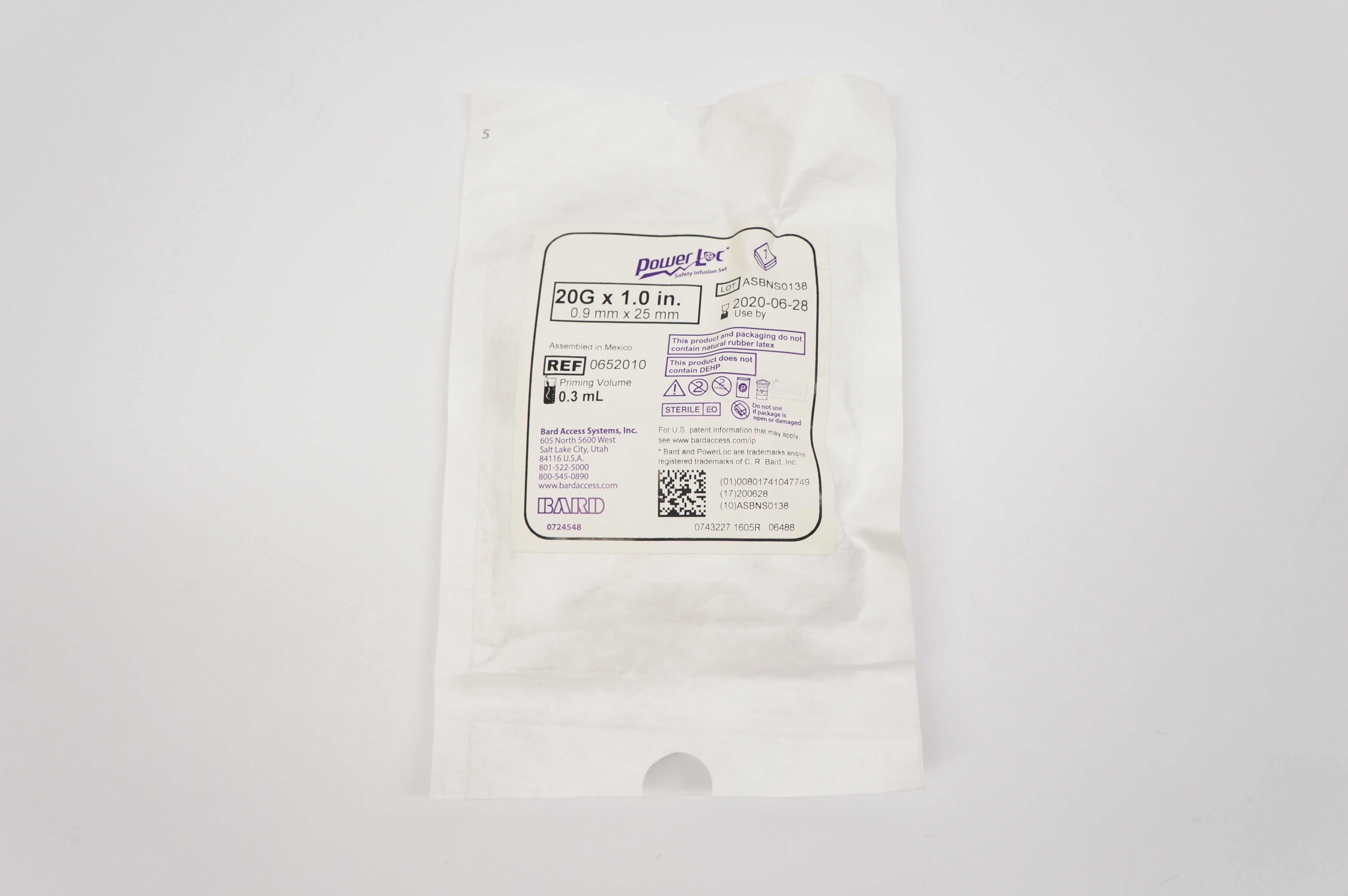 Bard 0652010 PowerLoc Safety Infusion Set 20G x 1.0inch 0.9mm x 25mm 0.3mL (x)