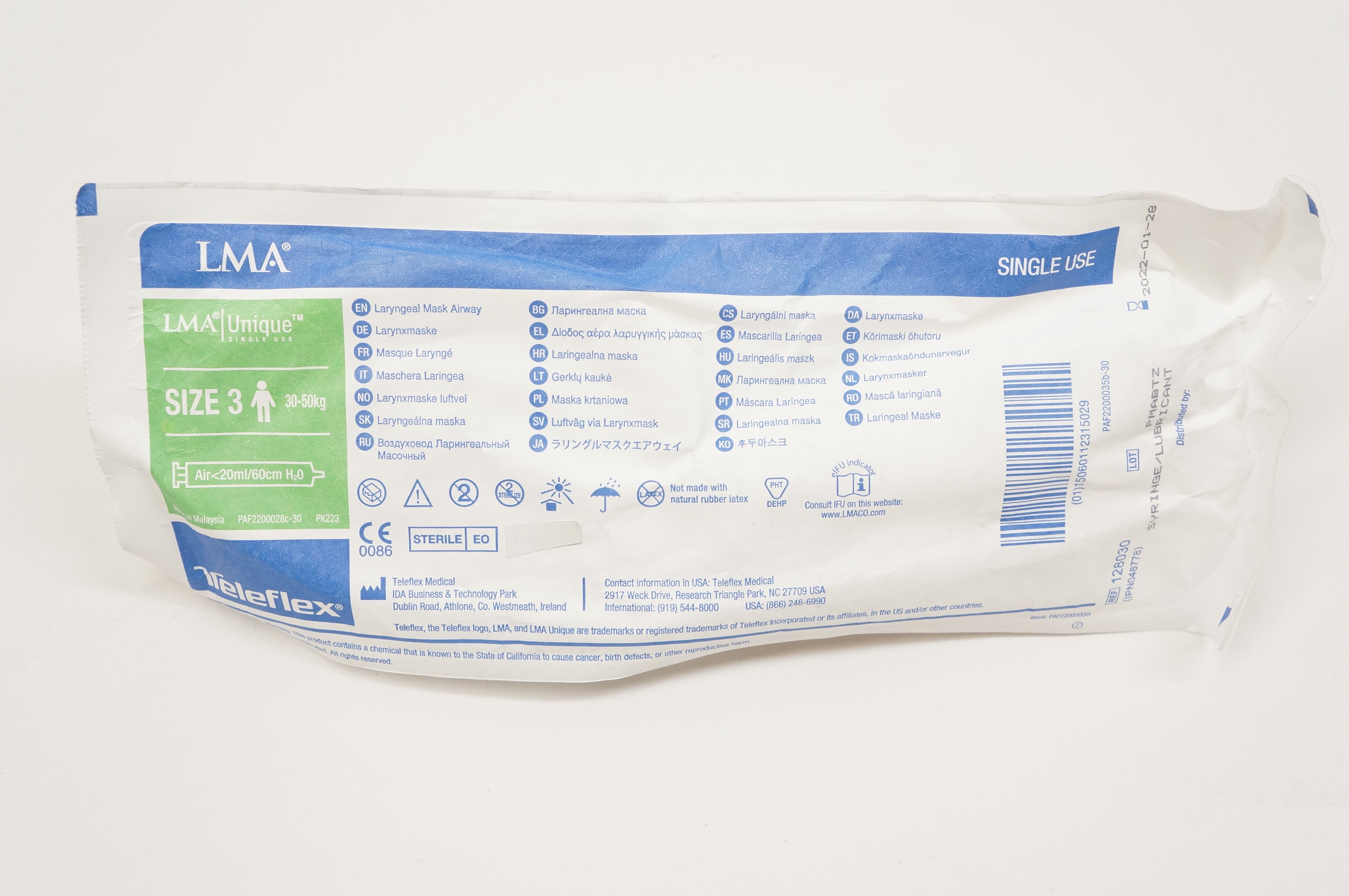 Teleflex 128030 LMA Supreme Laryngoscope Airway, Size 3 3050kg