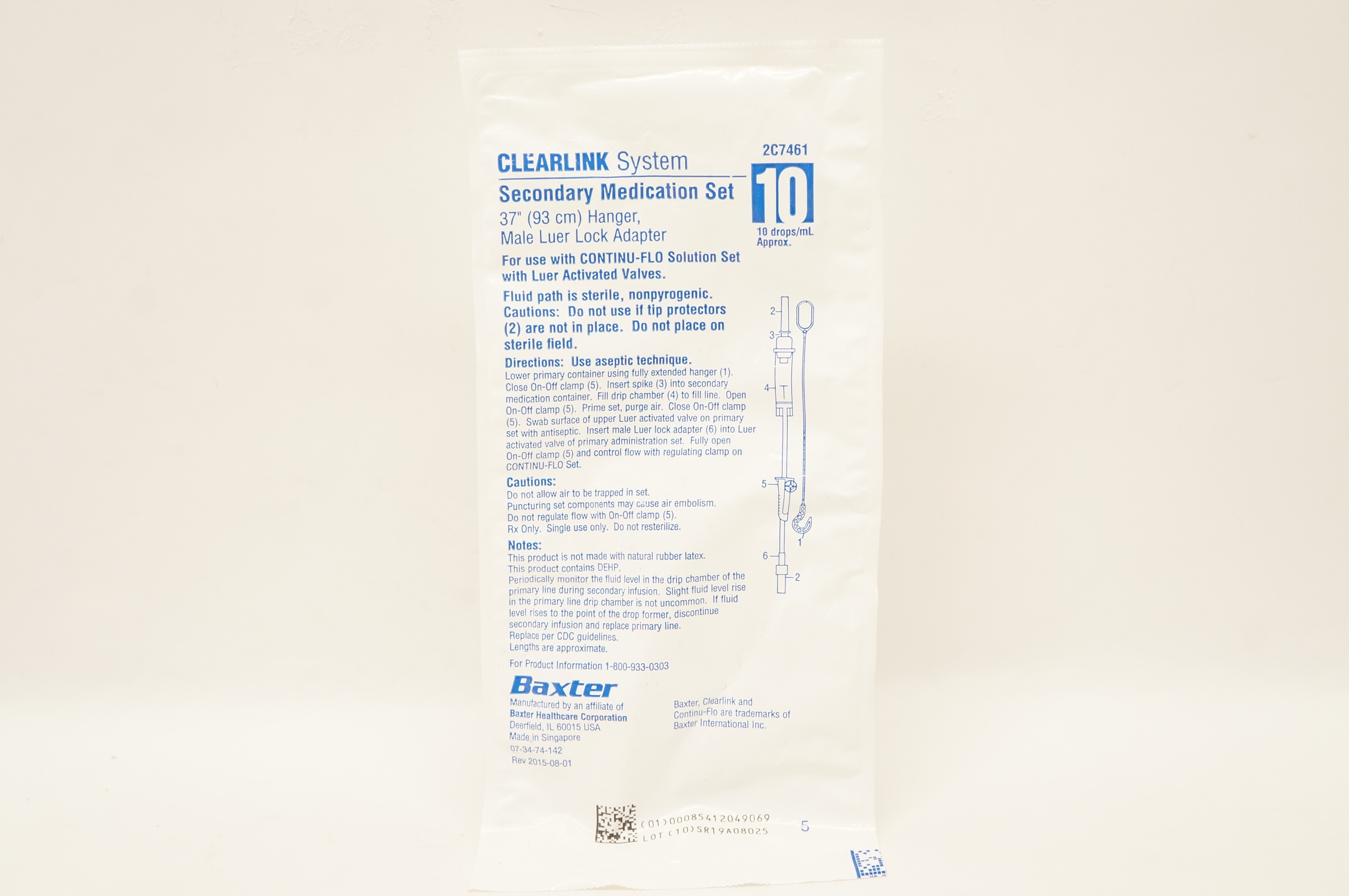 Baxter 2C7461 Clearlink System Secondary Medication Set 37inch Hanger 10drops/ml