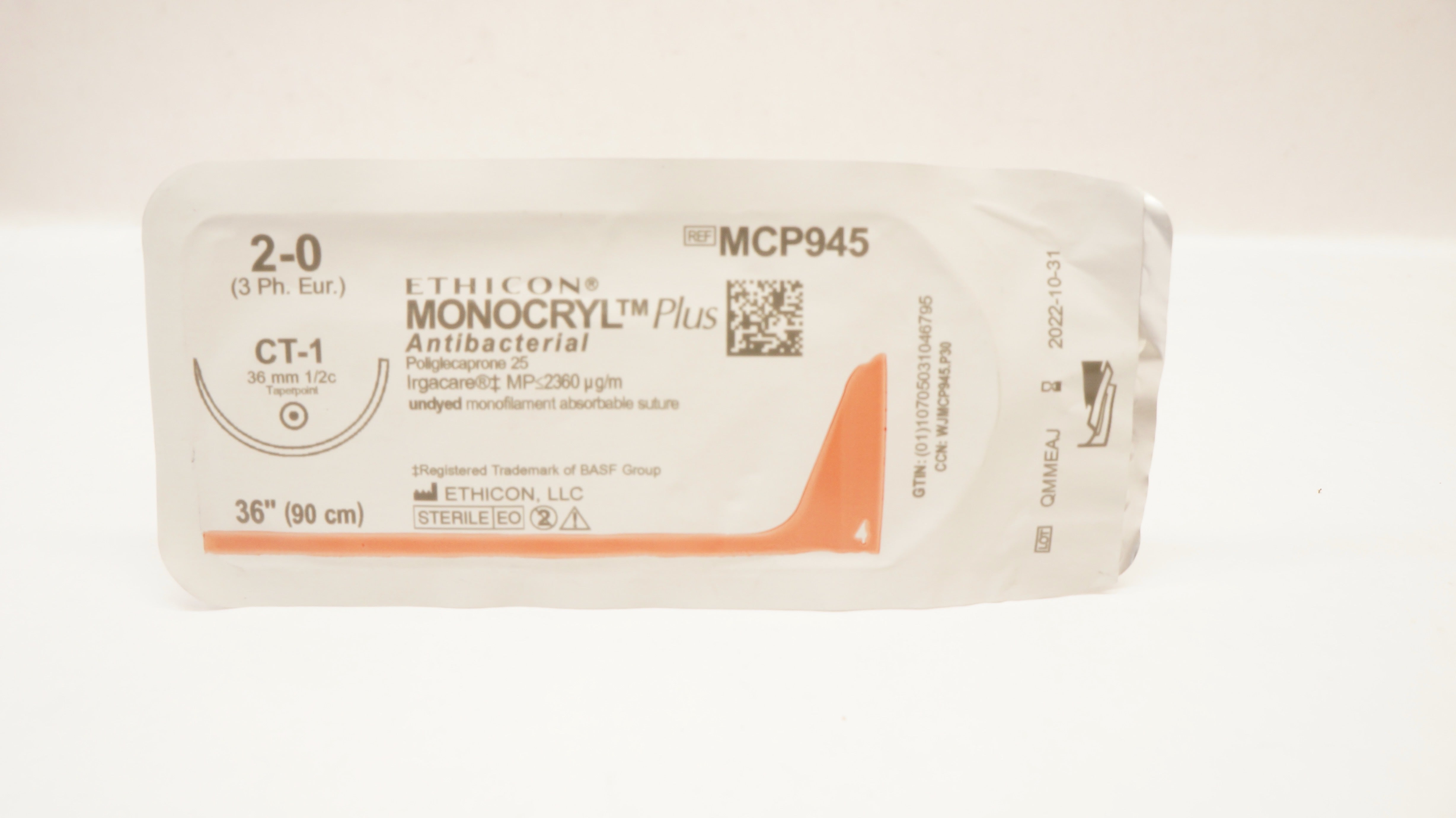 Ethicon MCP945 2-0 MONOCRYL Plus, CT-1, 36mm 1/2c Taper, 36inch (x)