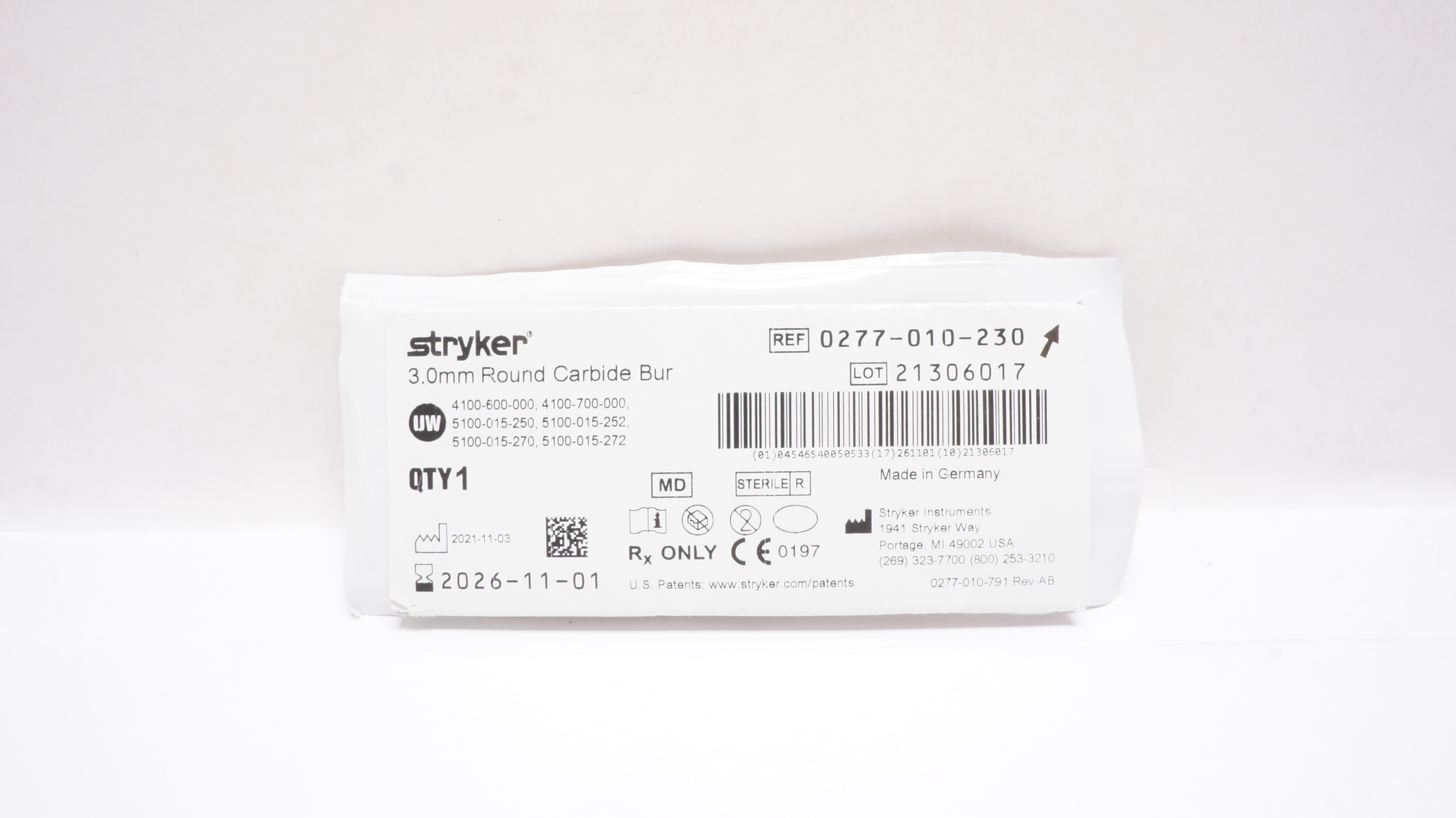 Stryker 0277-010-230 Round Carbide Bur 3.0mm
